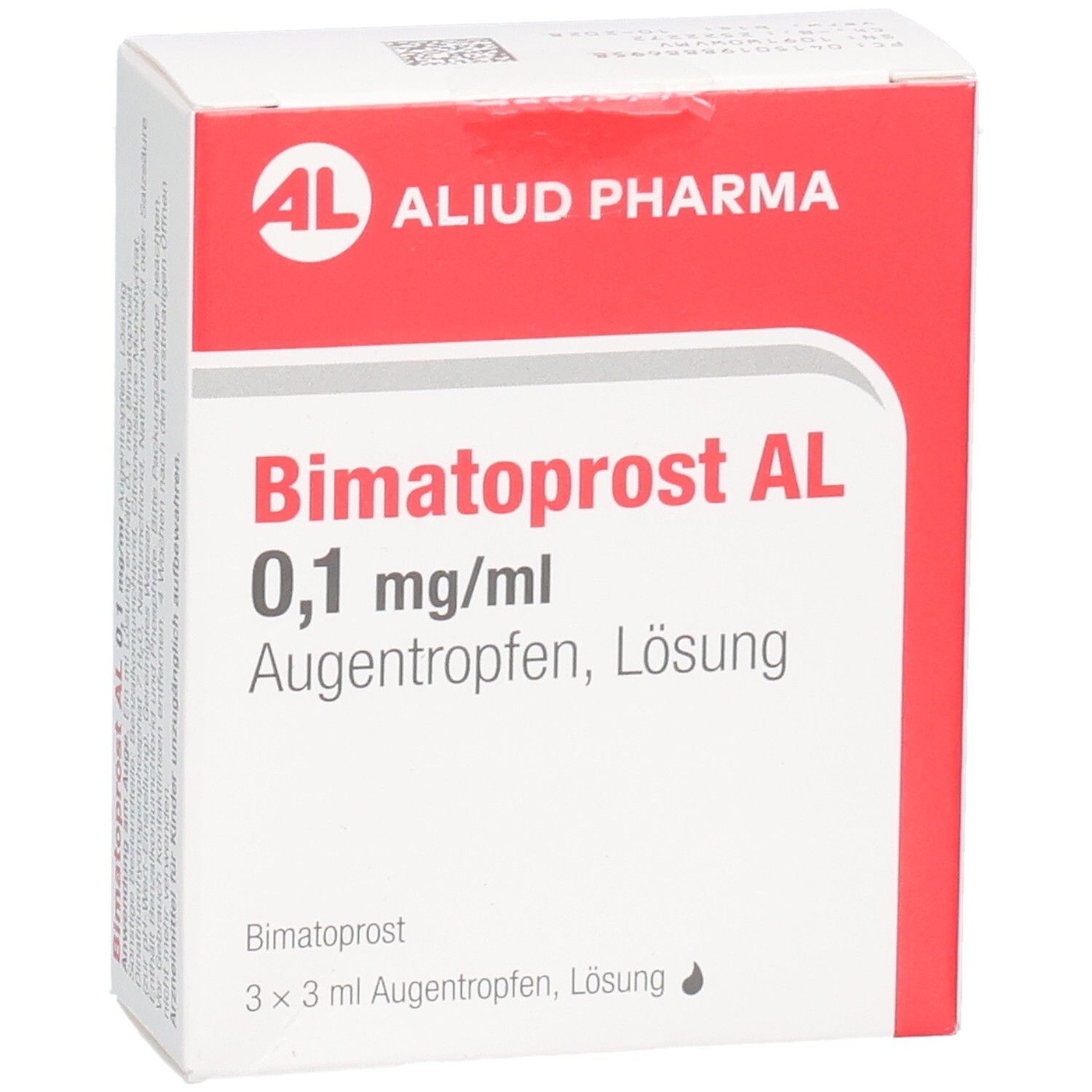 Verpackung von Bimatoprost AL 0,1 mg/ml Augentropfen. Rote und weiße Schachtel mit Produktinformationen.