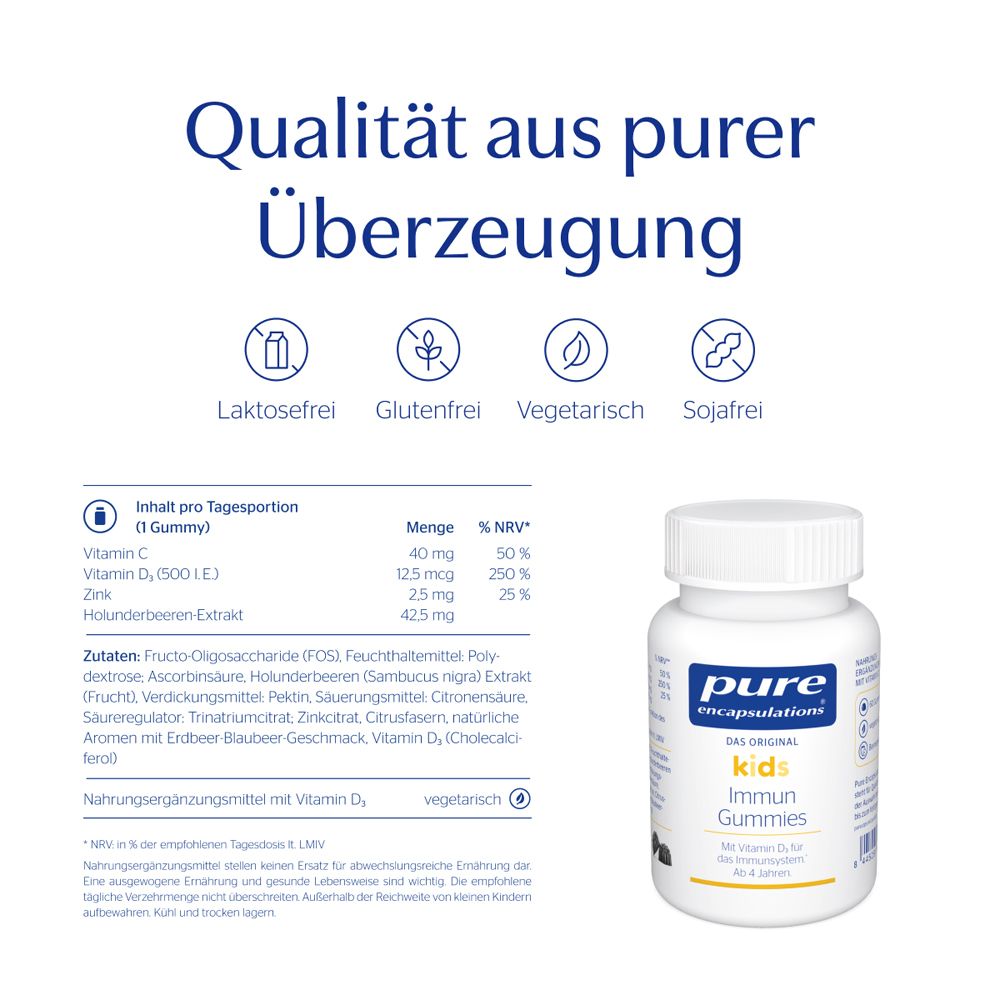 Produktflasche mit Text und Icons. Enthält Vitamin C, D, Zink und Holunderbeere. Ohne Laktose, Gluten, Soja.