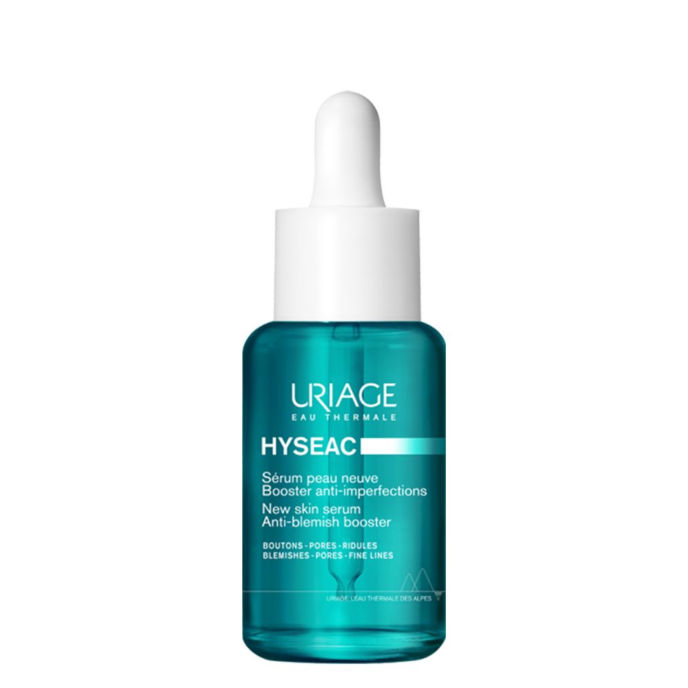 Türkisgrüne Flasche mit weißem Deckel und Pipette. Aufschrift: URIAGE, HYSEAC, Sérum peau neuve, Booster anti-imperfections.