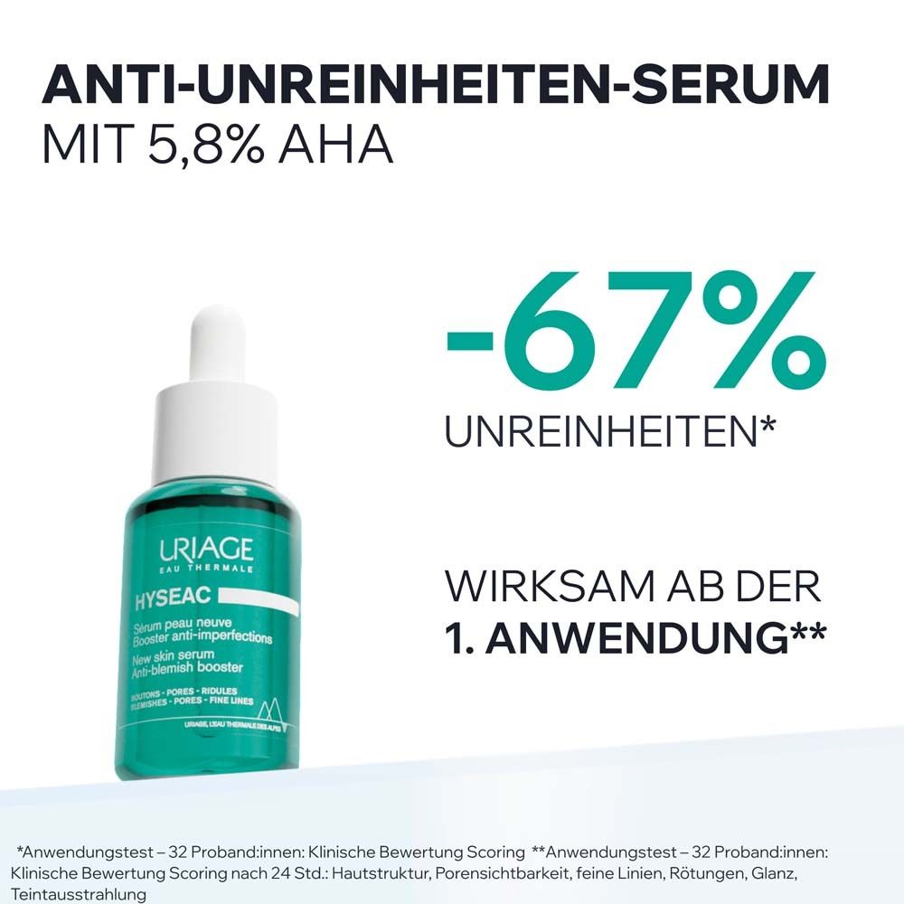 Produktflasche neben Text. Text: Anti-Unreinheiten-Serum mit 5,8% AHA. -67% Unreinheiten. Wirksam ab der 1. Anwendung.