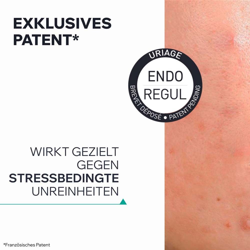 Text: Exklusives Patent. Wirkt gezielt gegen stressbedingte Unreinheiten. Logo: Uriage Endo Regul.