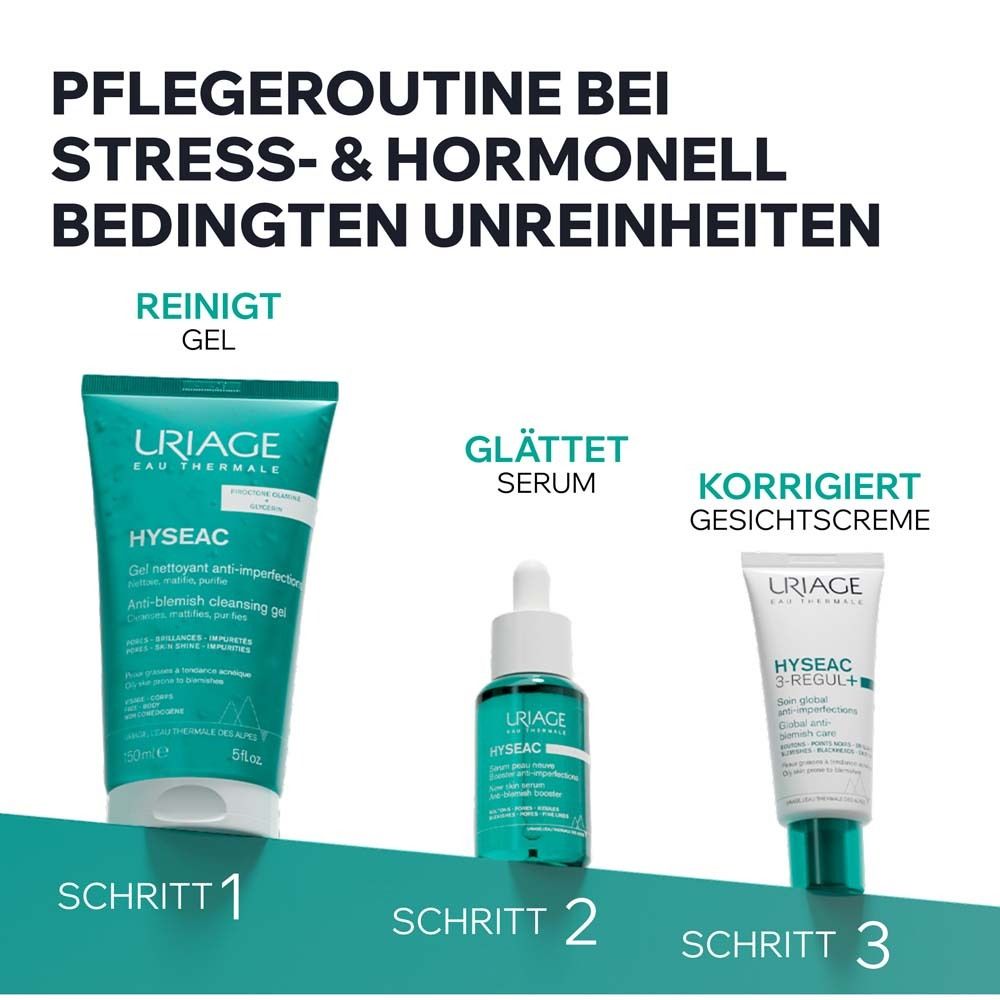 Pflege-Routine. Produkte: Uriage Hyseac Reinigungsgel, Serum, Gesichtscreme. Schritte 1, 2, 3.