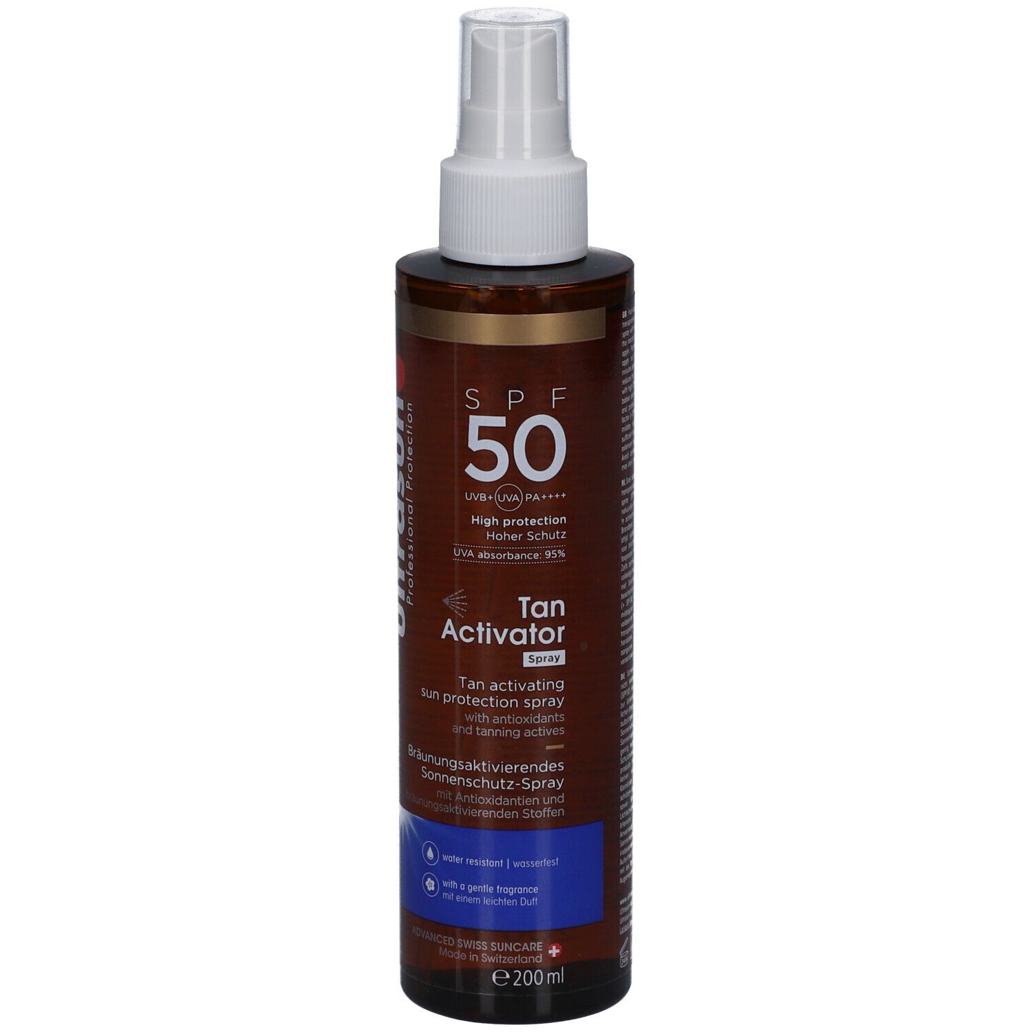 Ultrasun Tan Activator Spray SPF 50. Braune Flasche mit weißem Sprühkopf. Text: SPF 50, Tan Activator Spray, Sonnenschutz-Spray. 200ml.