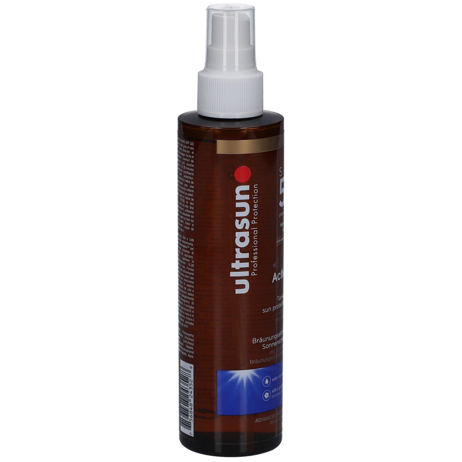 Ultrasun Tan Activator Spray SPF 50. Braune Flasche mit weißem Sprühkopf. Text auf der Seite. 200ml.