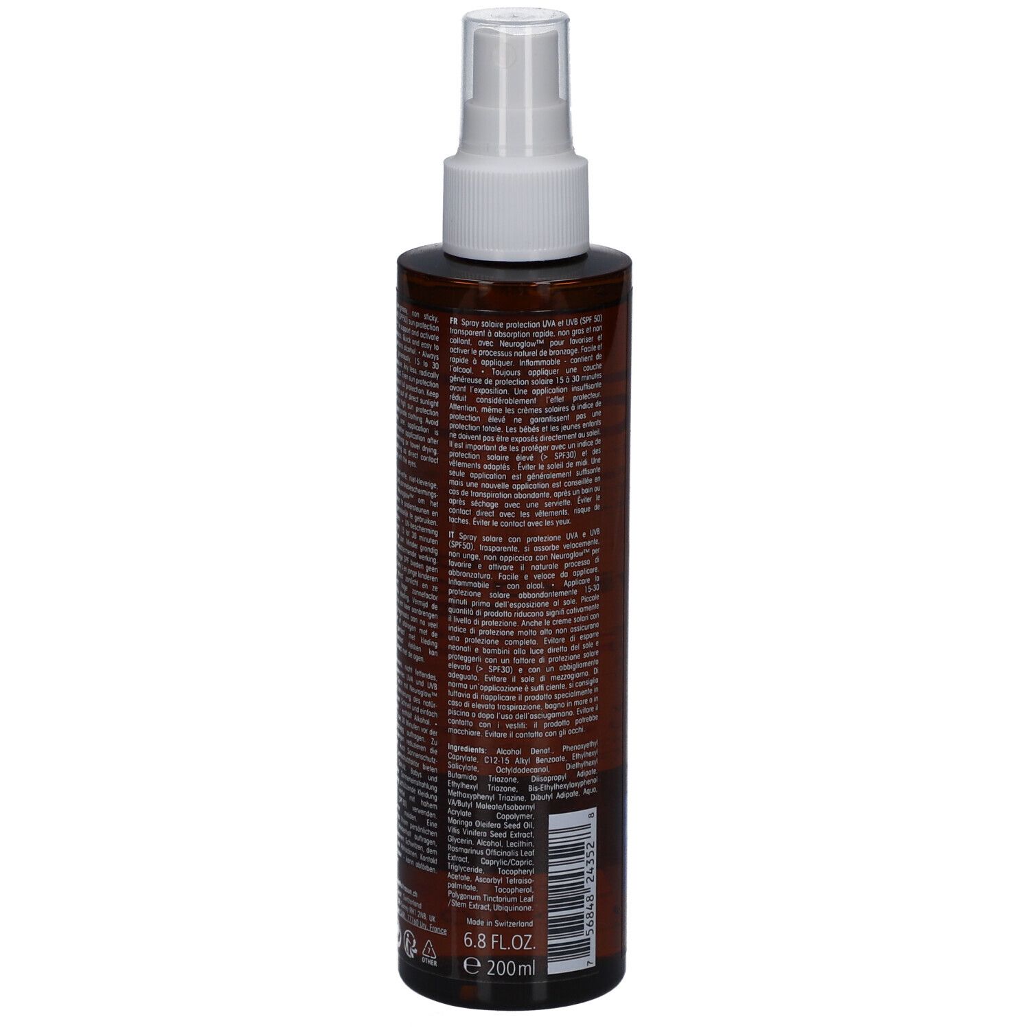 Rückseite der Ultrasun Tan Activator Spray SPF 50 Flasche. Braune Flasche mit Text. 200ml.