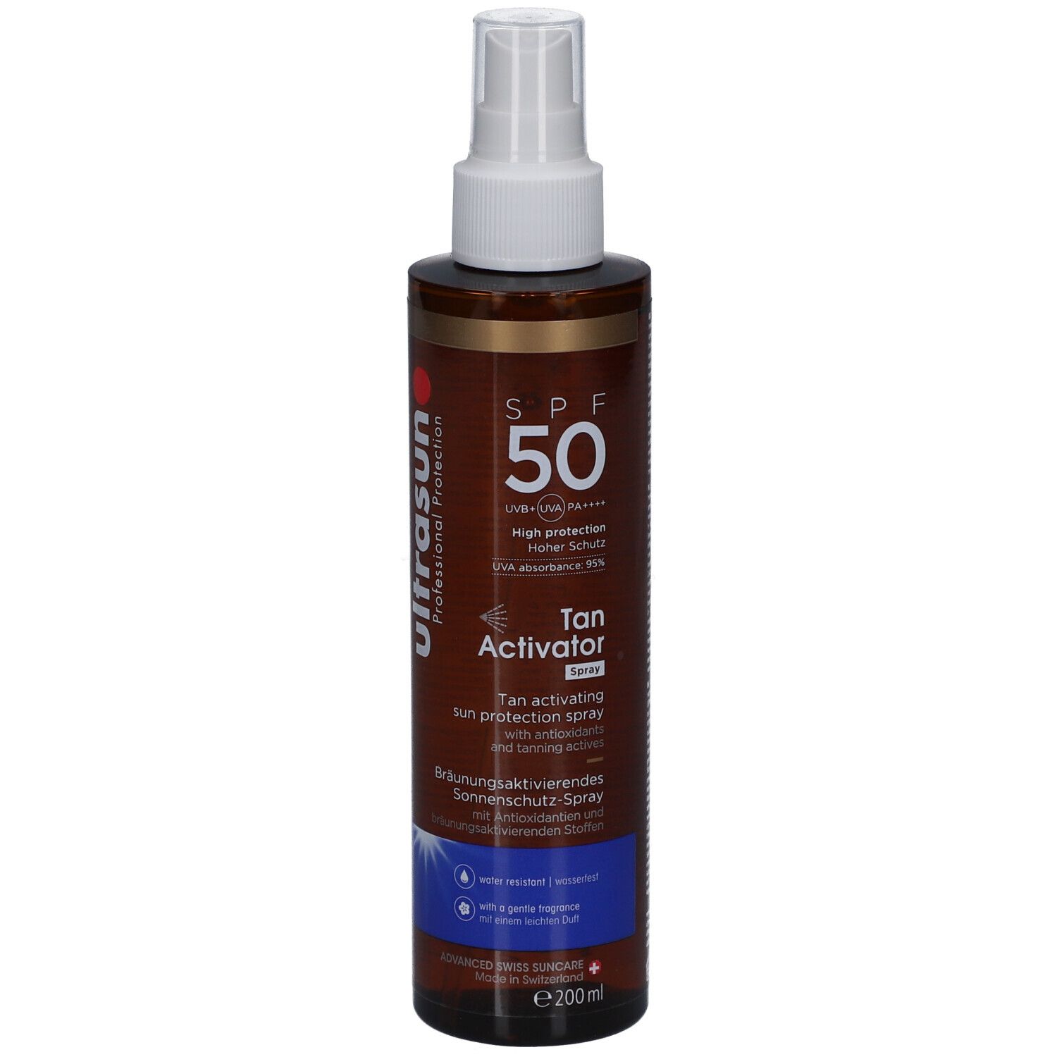 Ultrasun Tan Activator Spray SPF 50. Braune Flasche mit weißem Sprühkopf. Text: SPF 50, Tan Activator Spray, Sonnenschutz-Spray. 200ml.