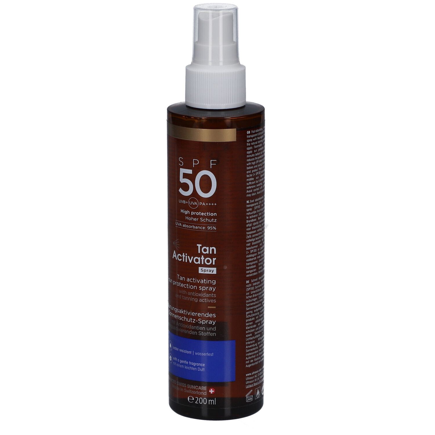 Ultrasun Tan Activator Spray SPF 50. Braune Flasche mit weißem Sprühkopf. Text: SPF 50, Tan Activator Spray, Sonnenschutz-Spray. 200ml.