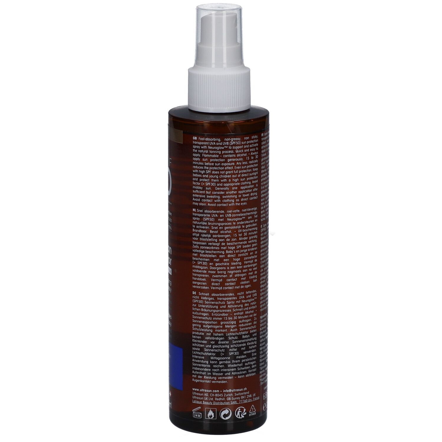 Rückseite der Ultrasun Tan Activator Spray SPF 50 Flasche. Braune Flasche mit Text. 200ml.
