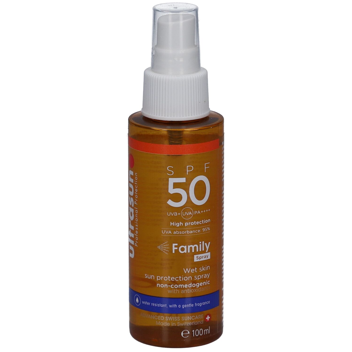 Sonnenschutzspray mit SPF 50. Braune Flasche mit weißem Sprühkopf. Text: SPF 50, Family, Wet Skin Spray.