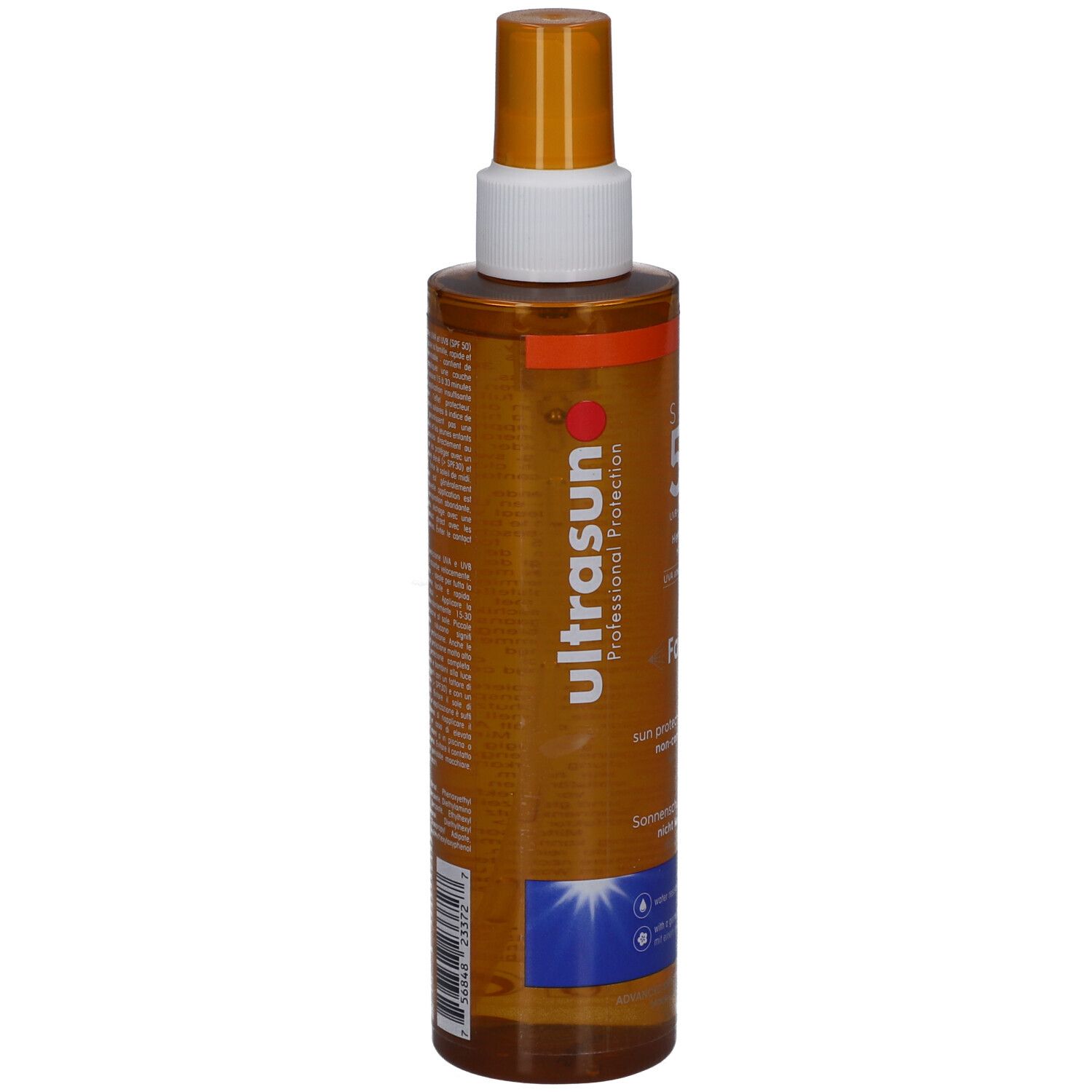 Braune Sprühflasche mit weißem Sprühkopf. Aufschrift Ultrasun, Professional Protection. Enthält 200ml.