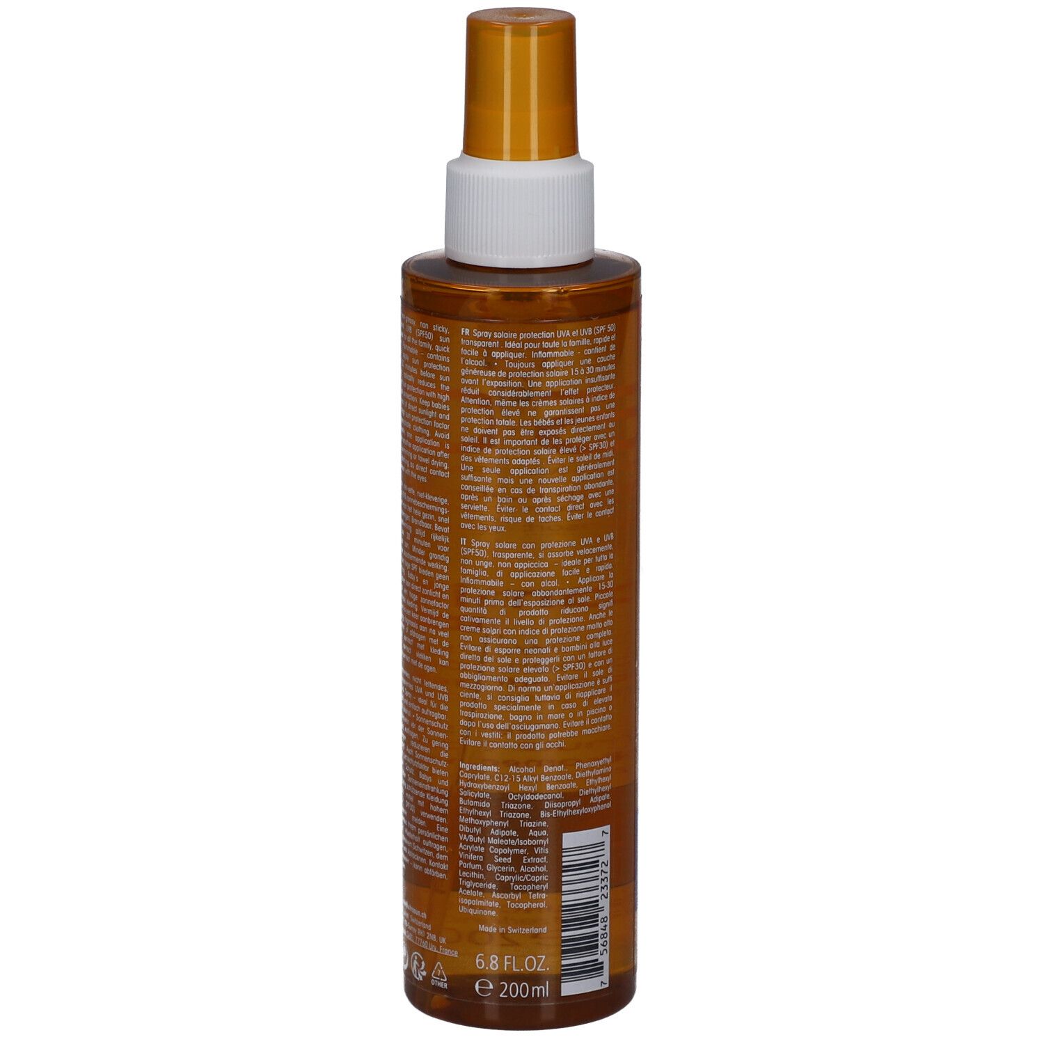 Rückseite einer braunen Sprühflasche mit weißem Sprühkopf. Text in mehreren Sprachen. Enthält 200ml.