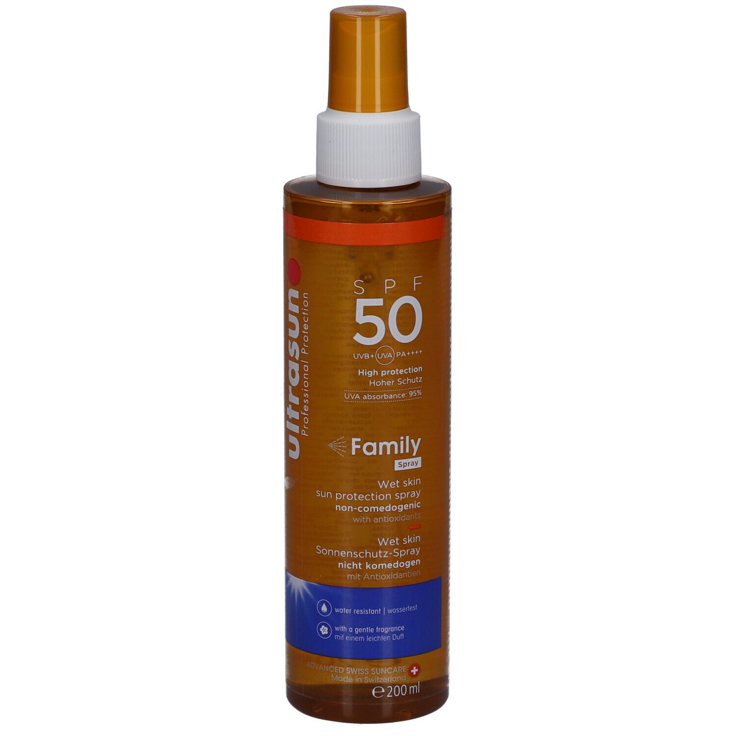 Braune Sprühflasche mit weißem Sprühkopf. Aufschrift SPF 50, Family, Wet Skin Sonnenschutz-Spray. Enthält 200ml.