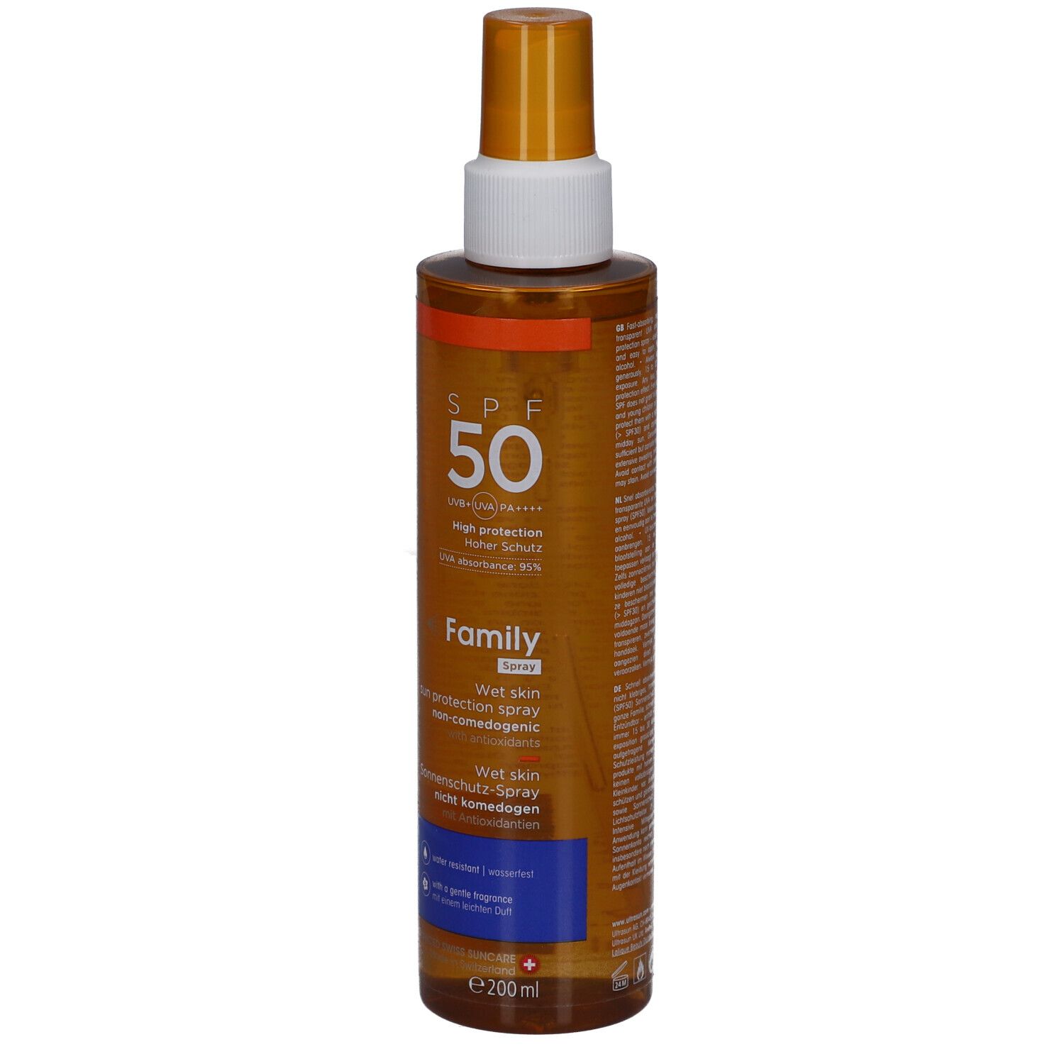 Braune Sprühflasche mit weißem Sprühkopf. Aufschrift SPF 50, Family, Wet Skin Sonnenschutz-Spray. Enthält 200ml.