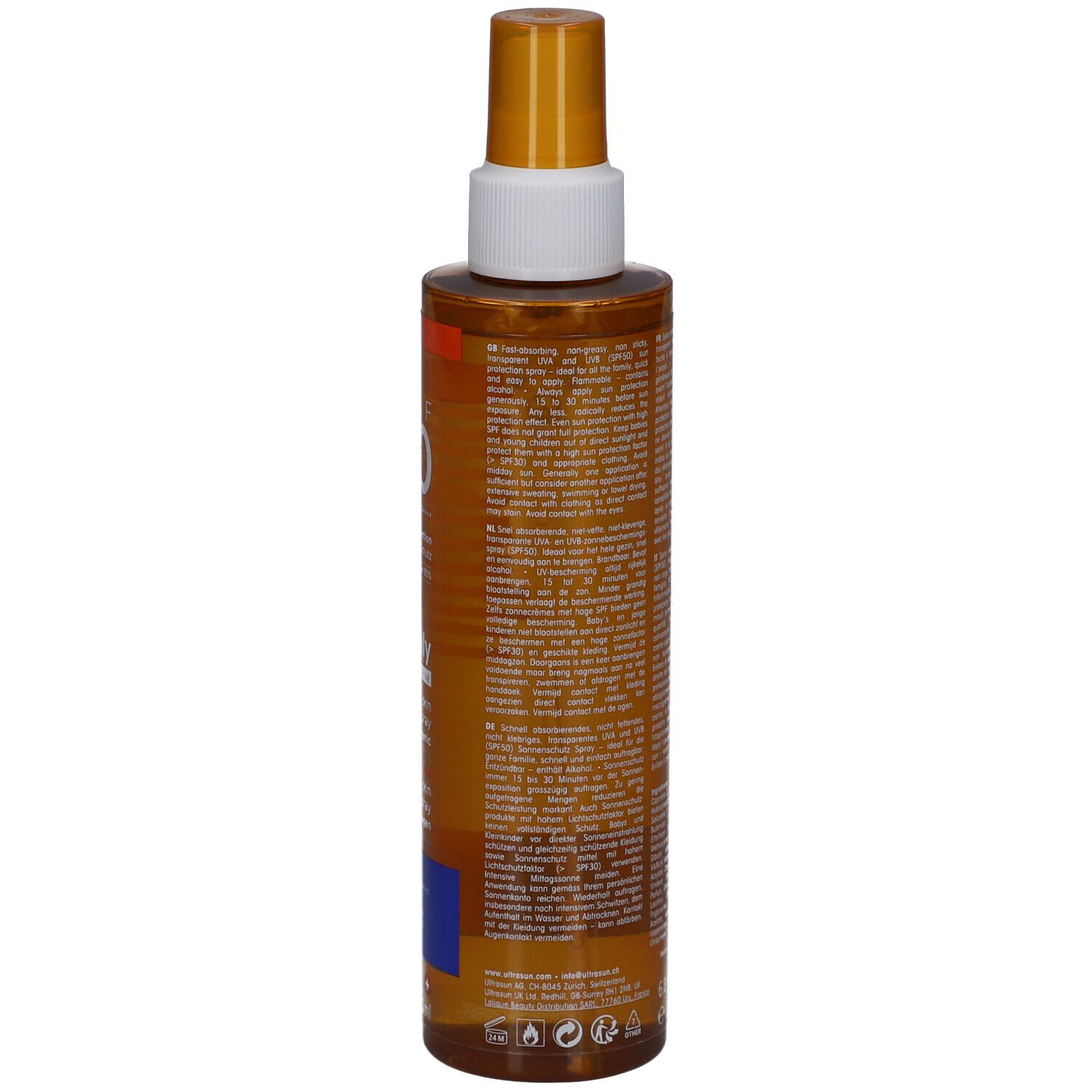 Rückseite einer braunen Sprühflasche mit weißem Sprühkopf. Text in mehreren Sprachen. Enthält 200ml.