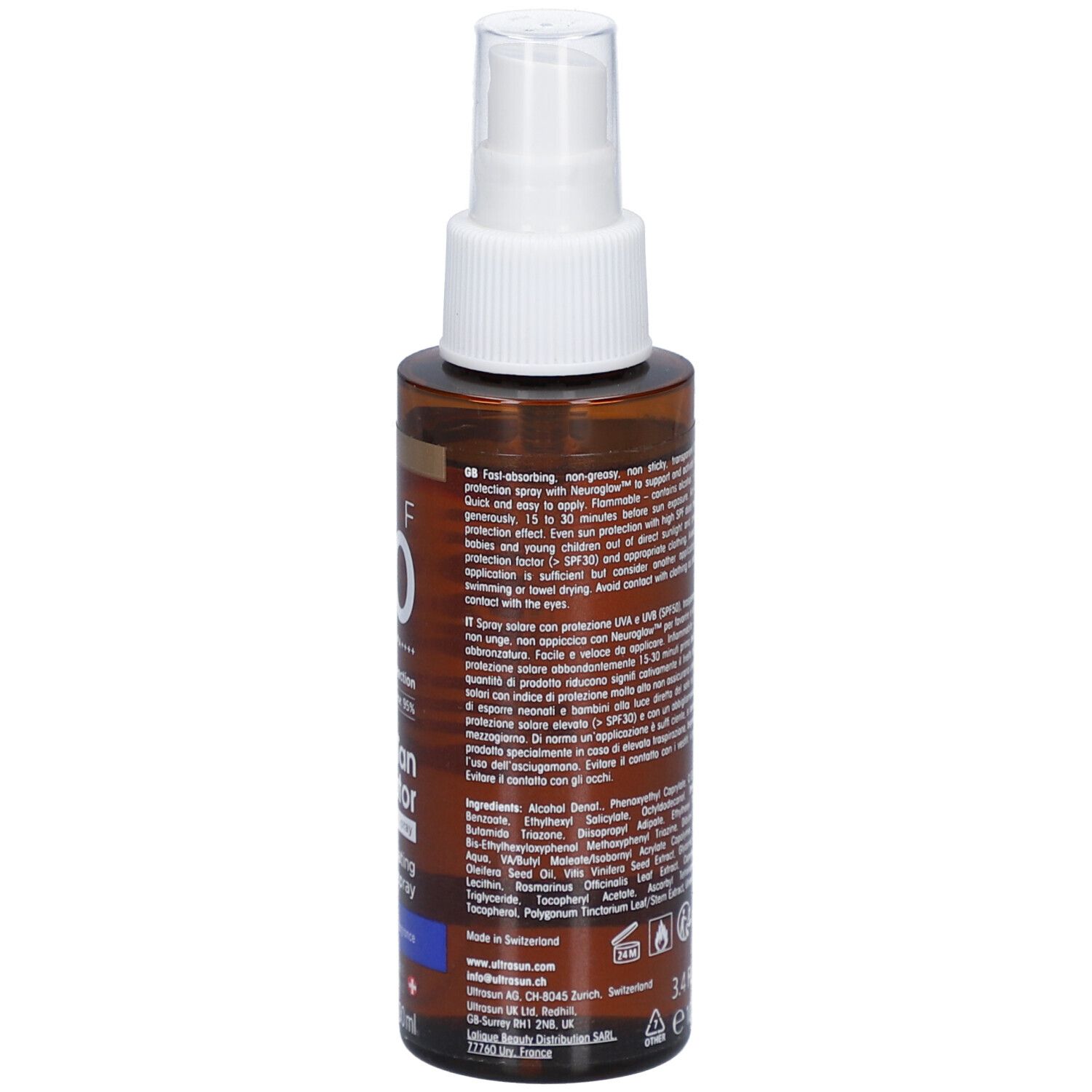 Braune Sprühflasche mit weißem Sprühkopf. Rückseite mit Text. Enthält Informationen über Inhaltsstoffe und Anwendung.