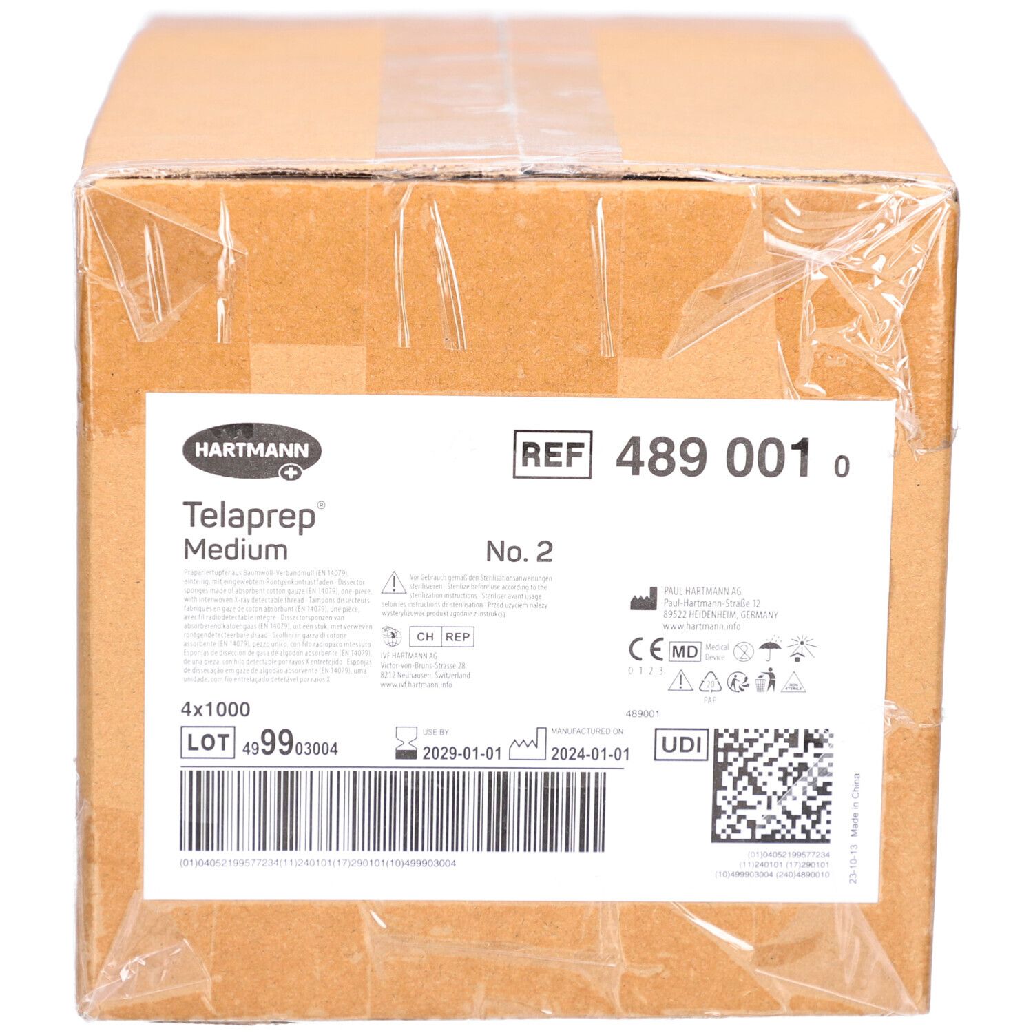 Karton mit Telaprep Medium. Aufkleber mit Produktinformationen, Chargennummer, Verfallsdatum und Barcode. Hartmann Logo.