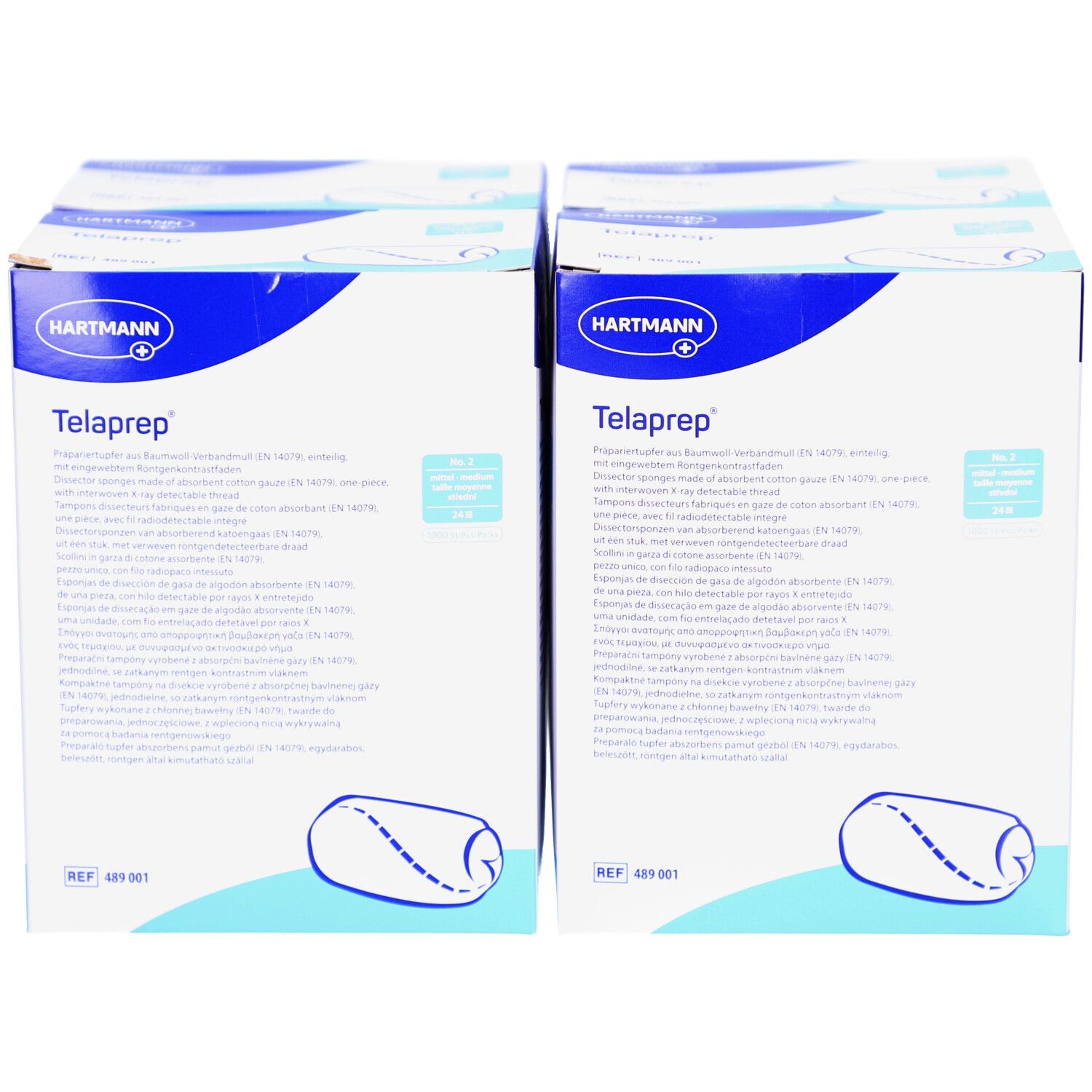 Zwei Kartons Telaprep. Blaue Verpackung mit Produktinformationen und Hartmann Logo. Darstellung eines gerollten Tupfers.