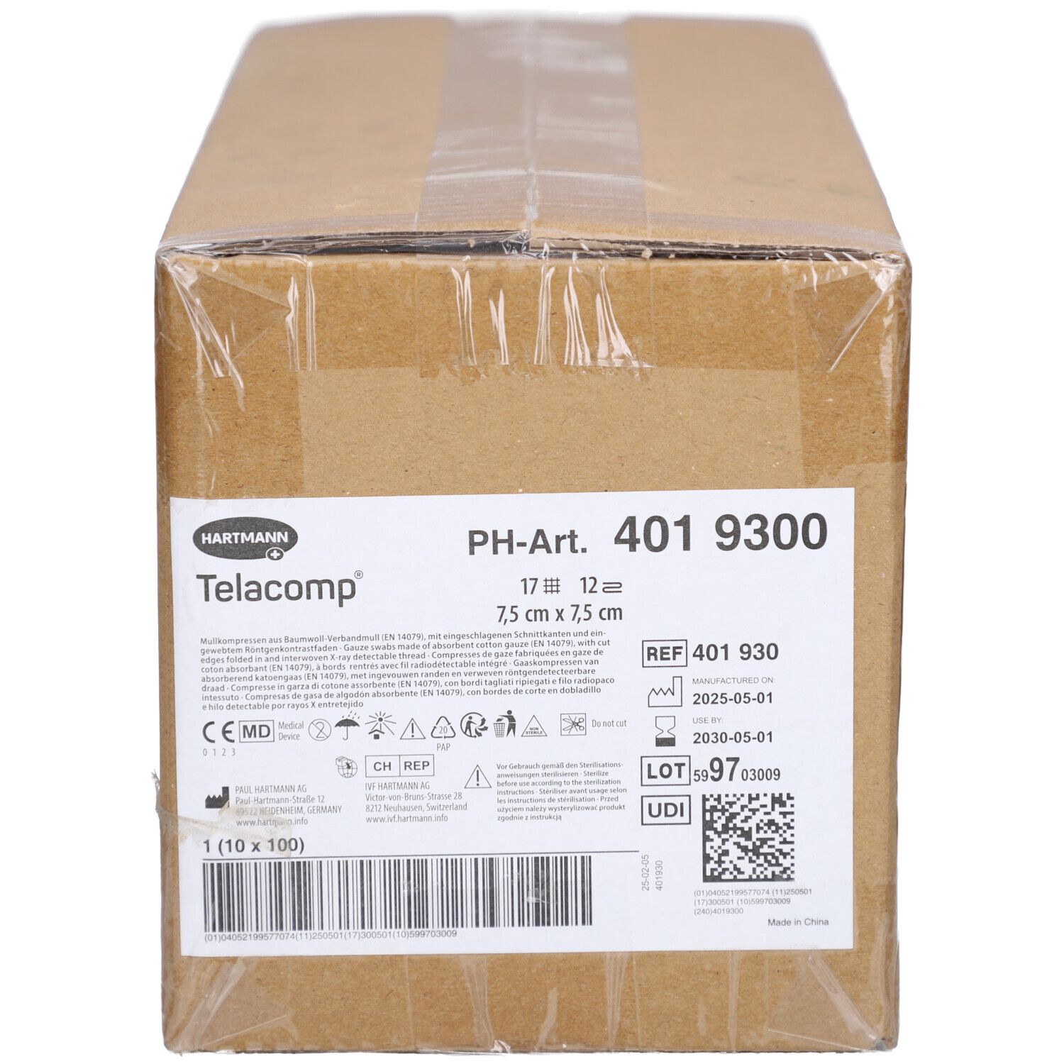 Kartonverpackung mit Produktetikett. Beschriftung: Telacomp, 7,5 cm x 7,5 cm, PH-Art. 401 9300, REF 401 930, Haltbarkeit bis 2025-05-01 und 2030-05-01.