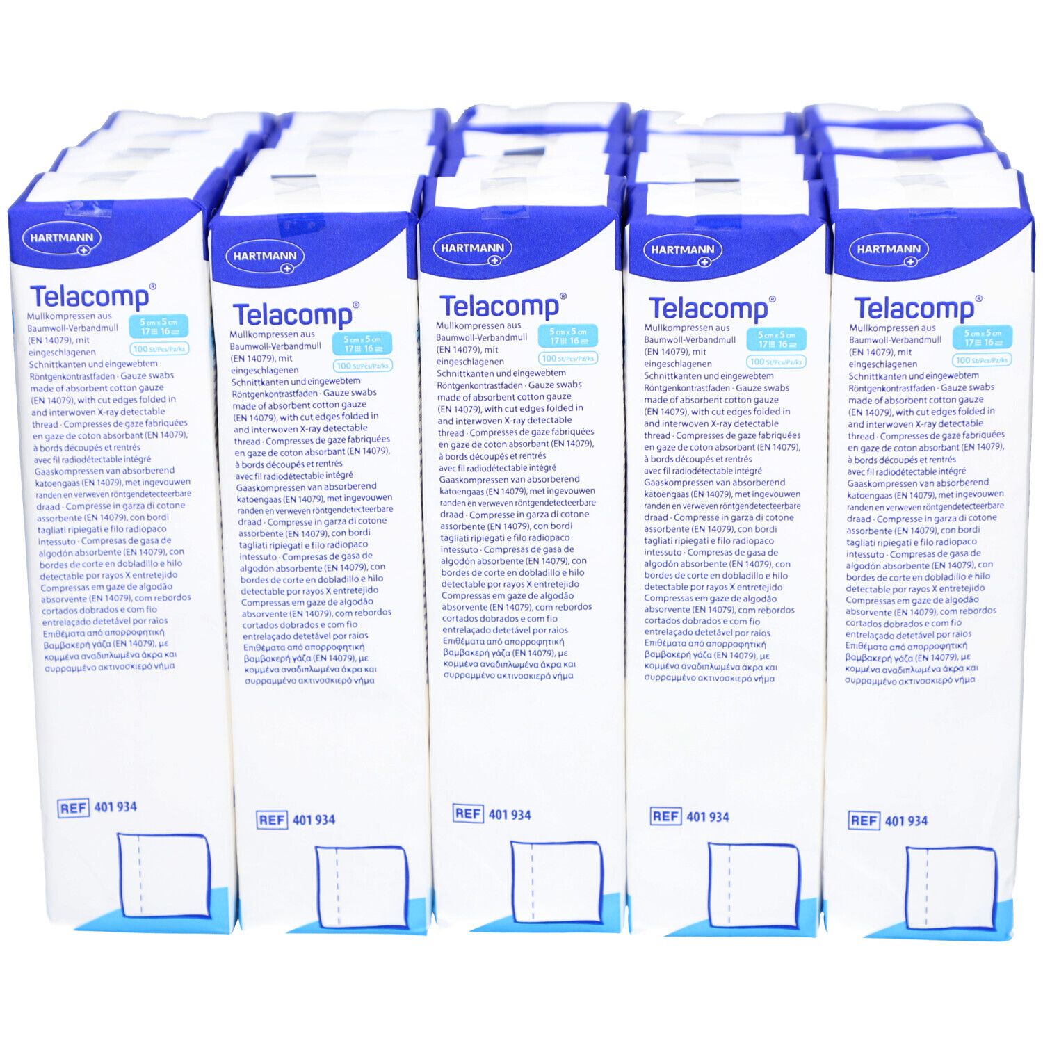 Reihe von Verpackungen mit Telacomp-Verbandmull. Auf jeder Packung steht Telacomp und 5 cm x 5 cm.
