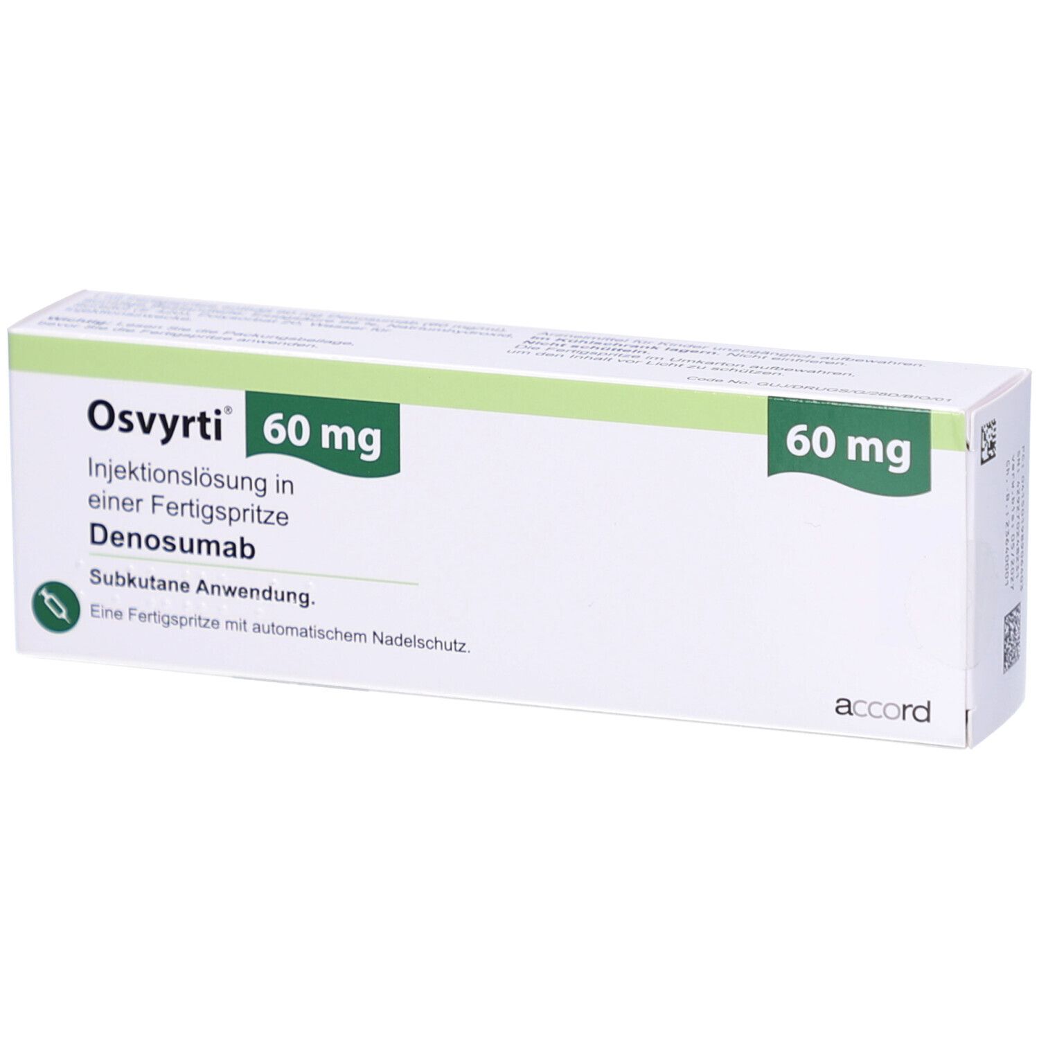 Schachtel OSVYRTI 60 mg. Aufschrift: Injektionslösung in Fertigspritze, Denosumab, subkutane Anwendung. Mit Nadelschutz. Marke: accord.