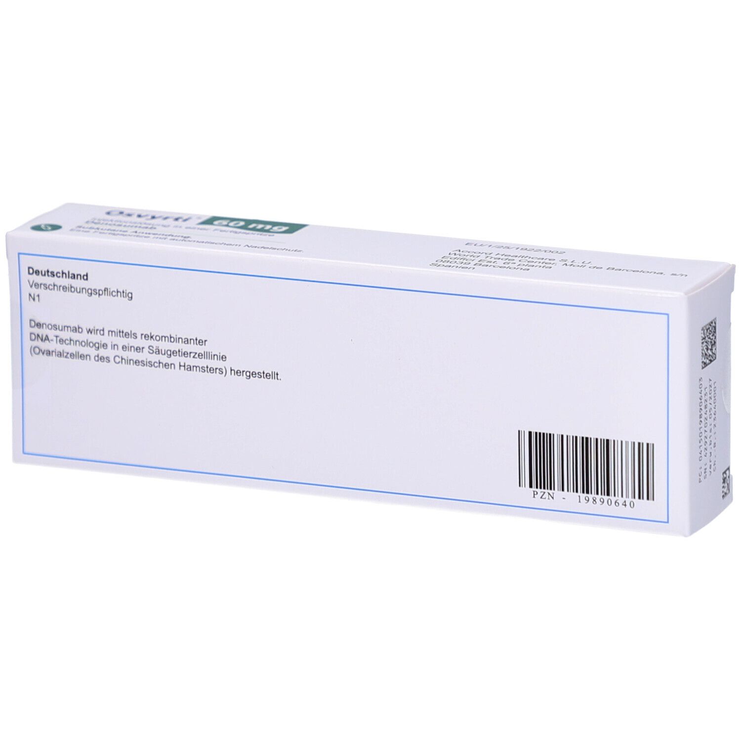 Rückseite der OSVYRTI 60 mg Schachtel. Text: Verschreibungspflichtig, Denosumab wird mittels rekombinanter DNA-Technologie hergestellt. Mit Barcode.