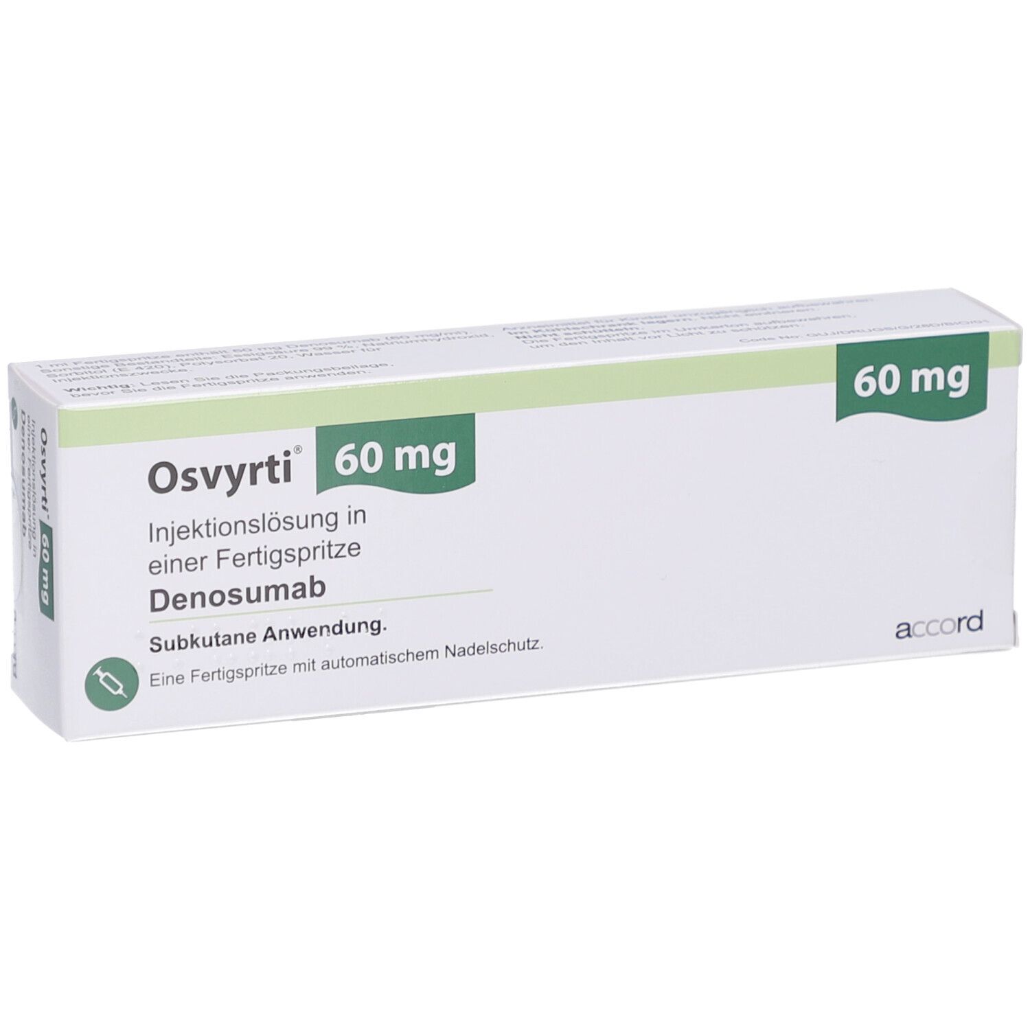 OSVYRTI 60 mg Schachtel. Aufschrift: Injektionslösung in Fertigspritze, Denosumab, subkutane Anwendung. Mit Nadelschutz. Marke: accord.