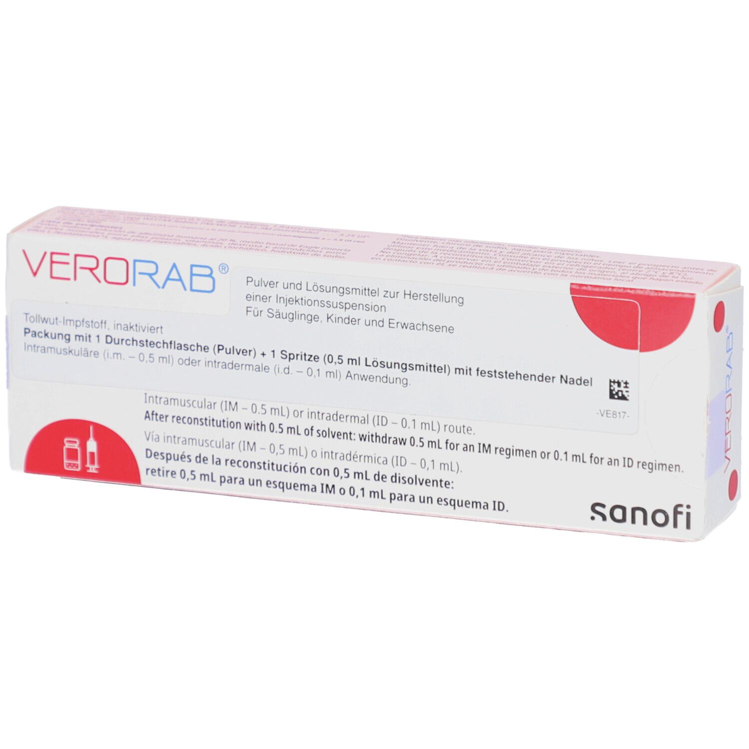 VERORAB-Packung. Enthält Durchstechflasche, Spritze und Lösungsmittel. Text: intramuskulär, intradermal. Sanofi-Logo.