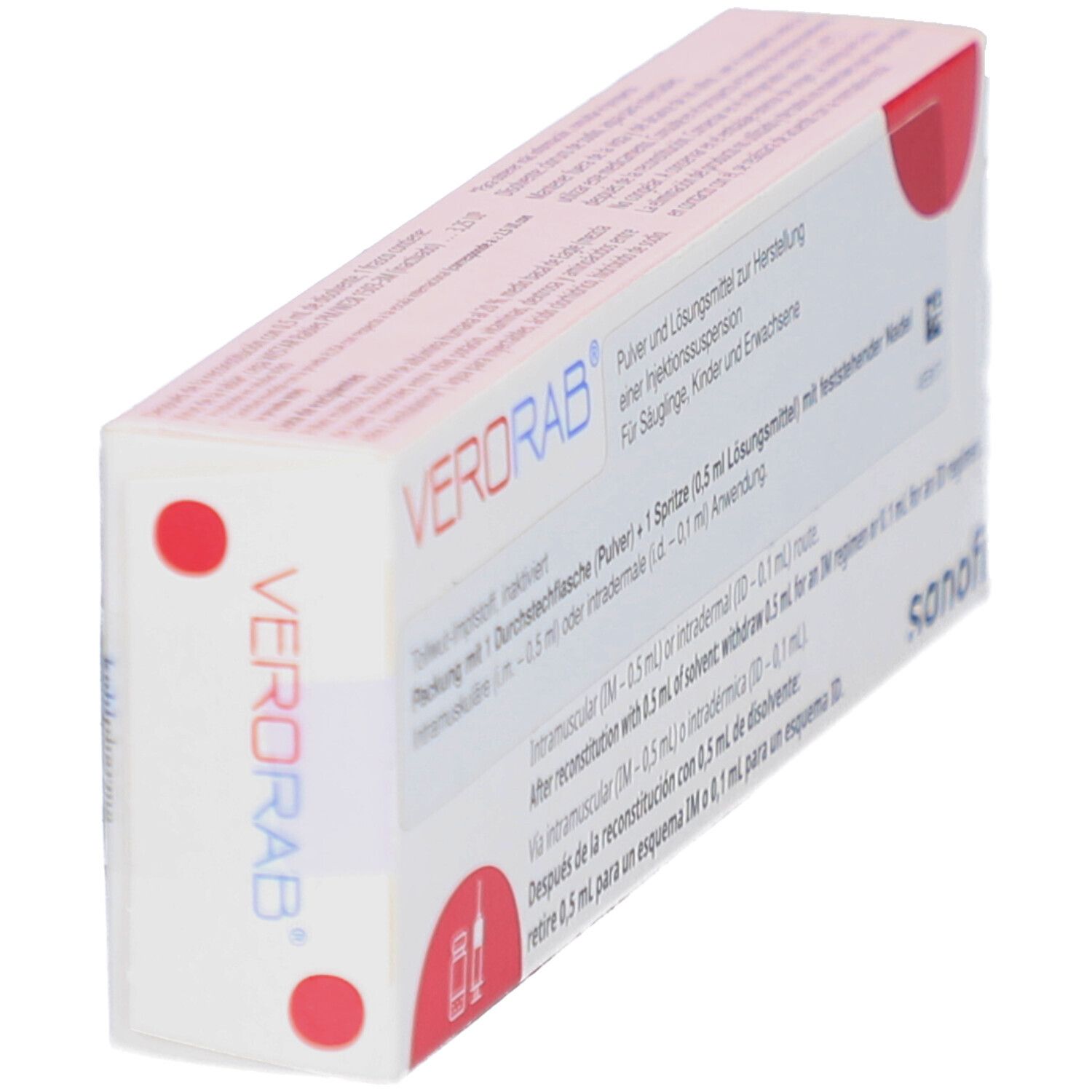 VERORAB-Packung, weiß mit roter Markierung. Sanofi-Logo. Text: intramuskulär, intradermal.