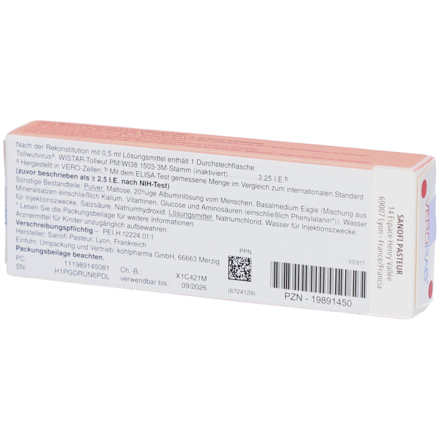 Packungsrückseite von VERORAB. Text: Zusammensetzung, Hersteller, Chargennummer, Verfallsdatum, PZN-Nummer, Sanofi.