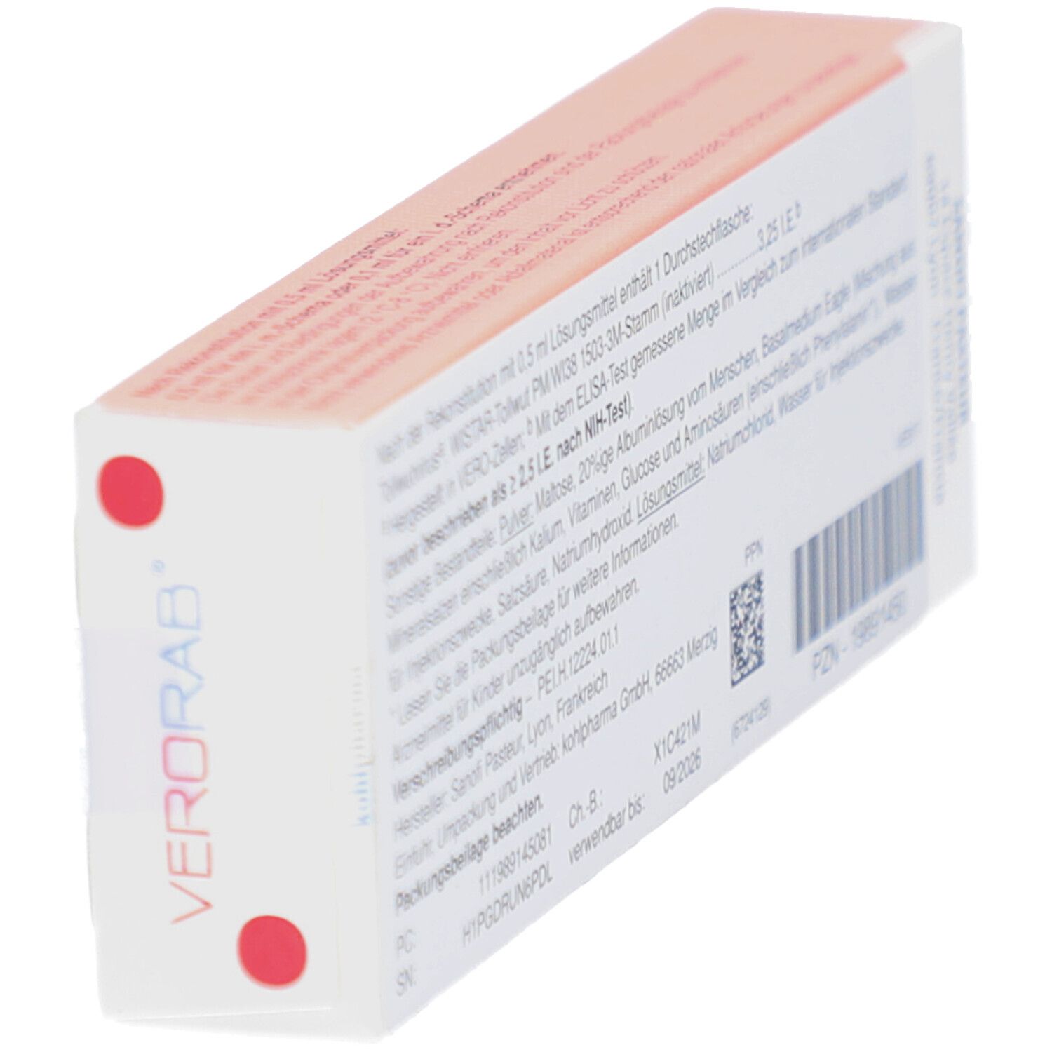 Seitenansicht der VERORAB-Packung. Text: Zusammensetzung, Hersteller, Chargennummer, Verfallsdatum, PZN-Nummer.
