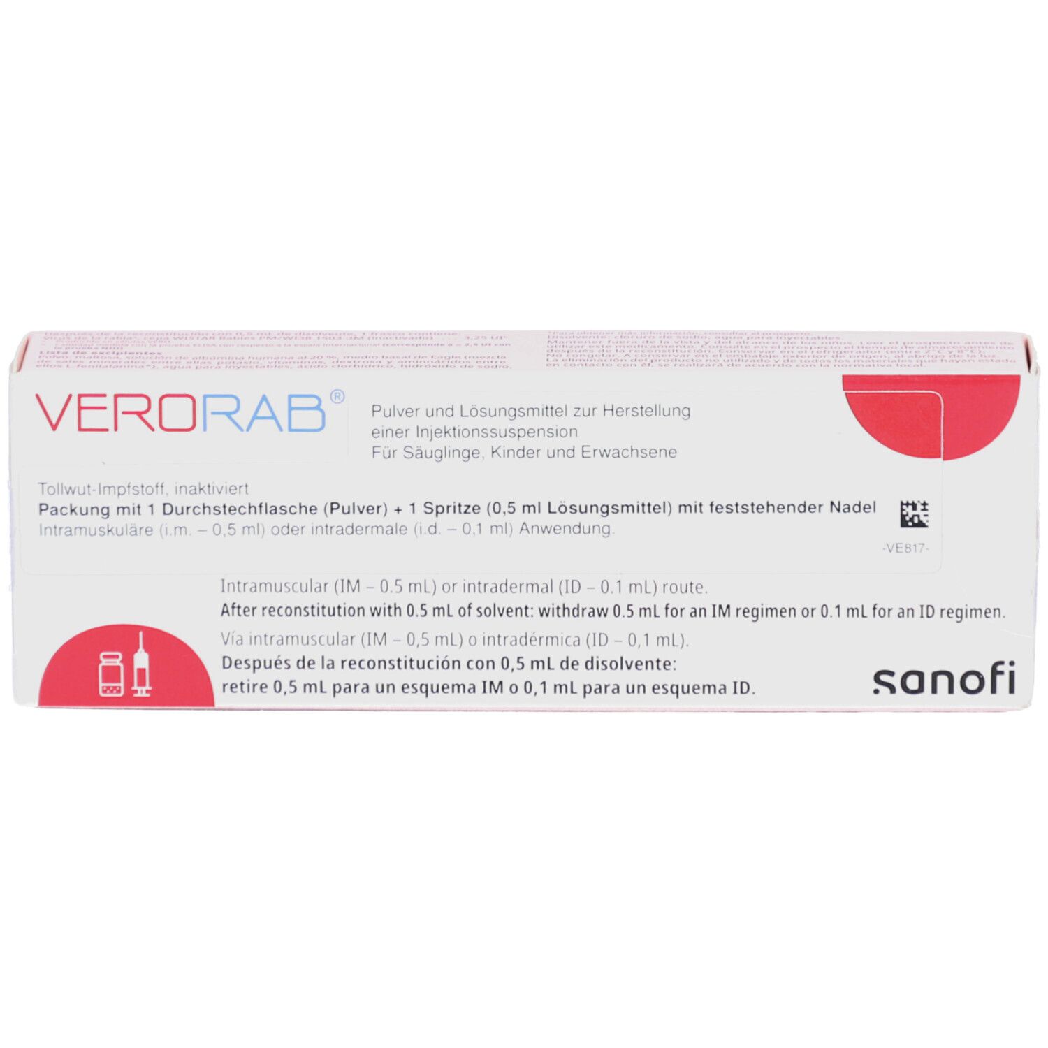 VERORAB-Packung. Enthält Durchstechflasche, Spritze und Lösungsmittel. Text: intramuskulär, intradermal. Sanofi-Logo.
