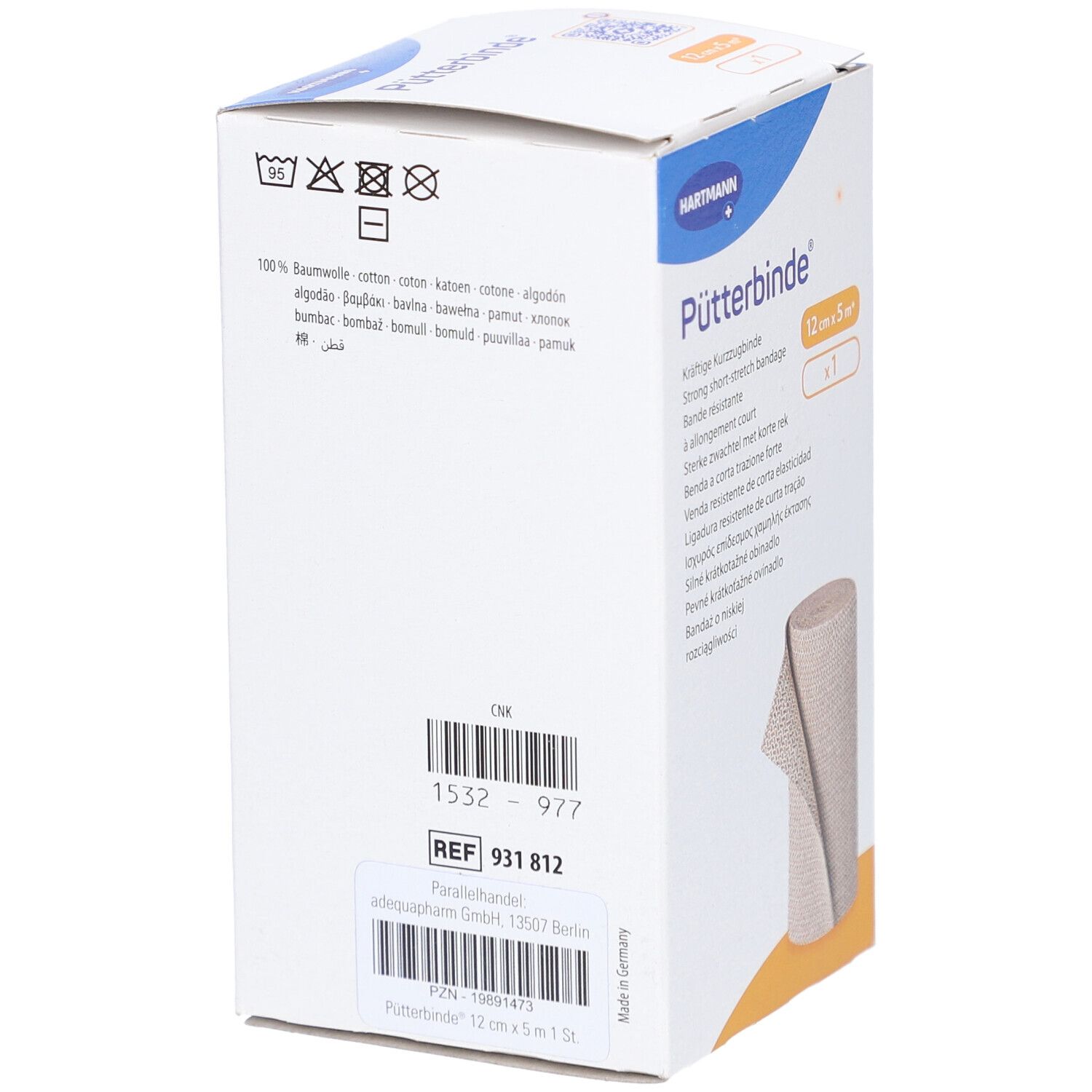 Rückseite der Pütterbinde-Verpackung. Informationen zu Material, Hersteller und Chargennummer sind aufgedruckt. Das Produkt ist von Hartmann.