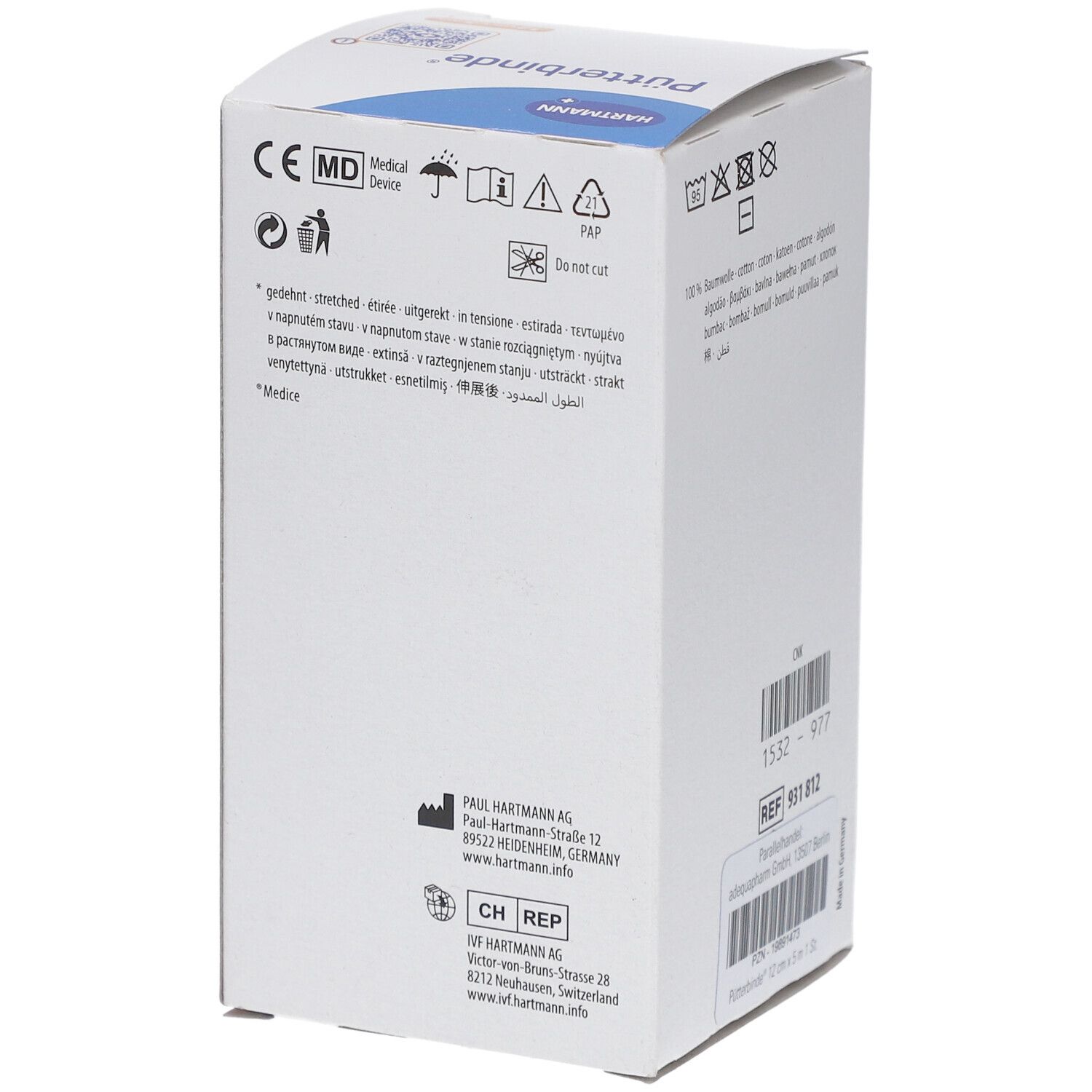 Verpackung der Pütterbinde mit CE-Kennzeichnung und medizinischen Symbolen. Herstellerinformationen und Adresse sind angegeben. Produkt von Hartmann.