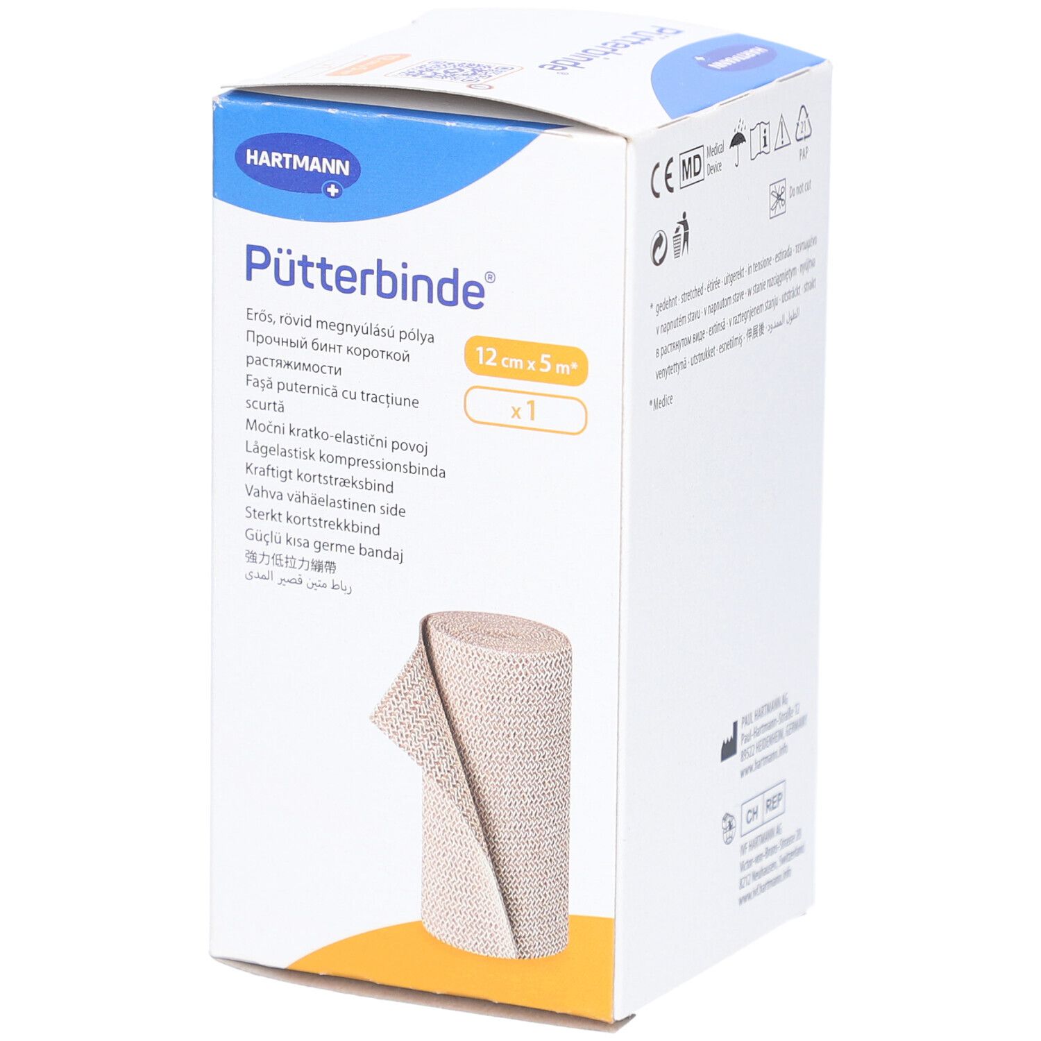Pütterbinde-Verpackung, 12 cm x 5 m. Die Box zeigt das Produkt und die Marke Hartmann. Eine Rolle Verband ist sichtbar.