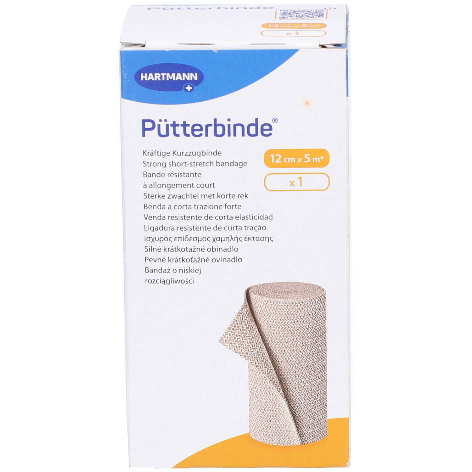 Pütterbinde-Verpackung, 12 cm x 5 m. Die Box zeigt das Produkt und die Marke Hartmann. Eine Rolle Verband ist sichtbar.
