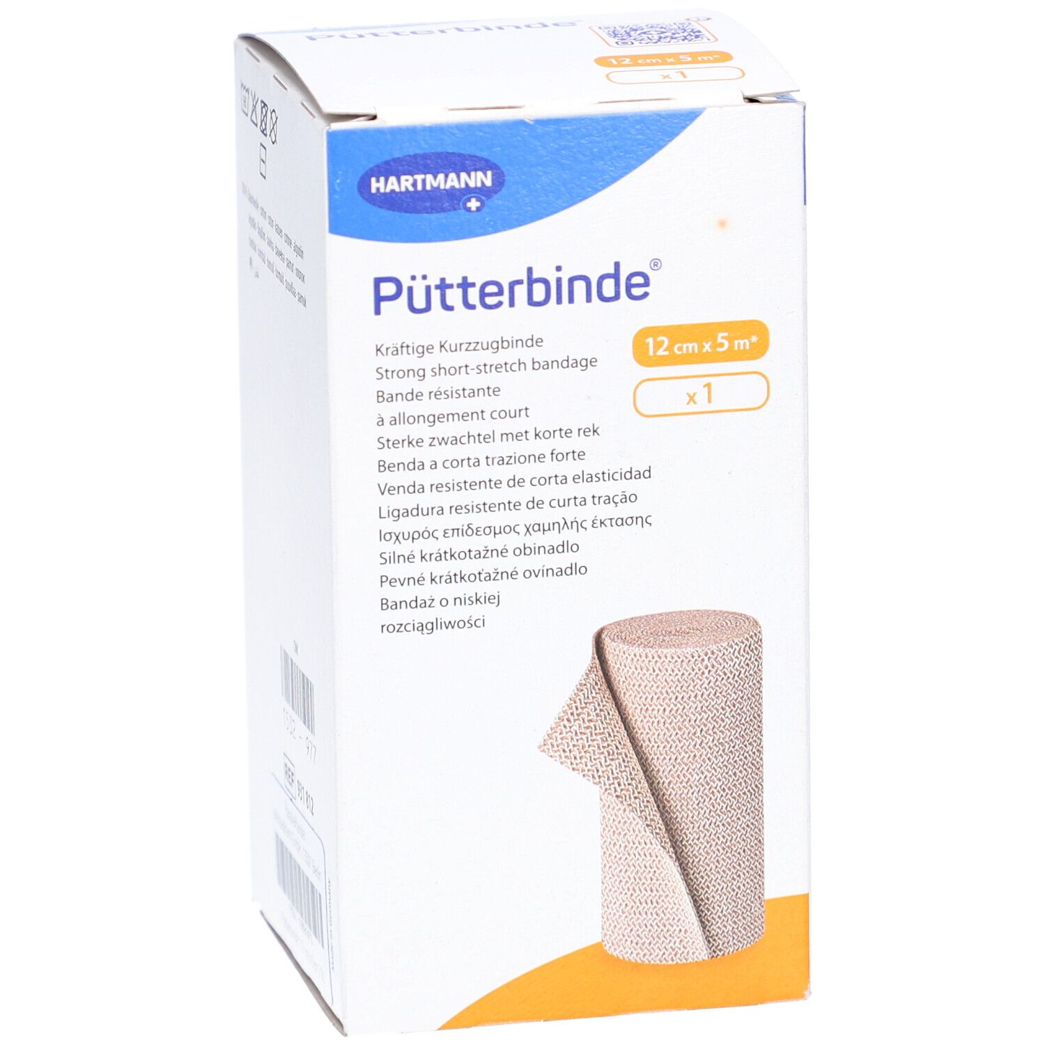Pütterbinde-Verpackung, 12 cm x 5 m. Die Box zeigt das Produkt und die Marke Hartmann. Eine Rolle Verband ist sichtbar.