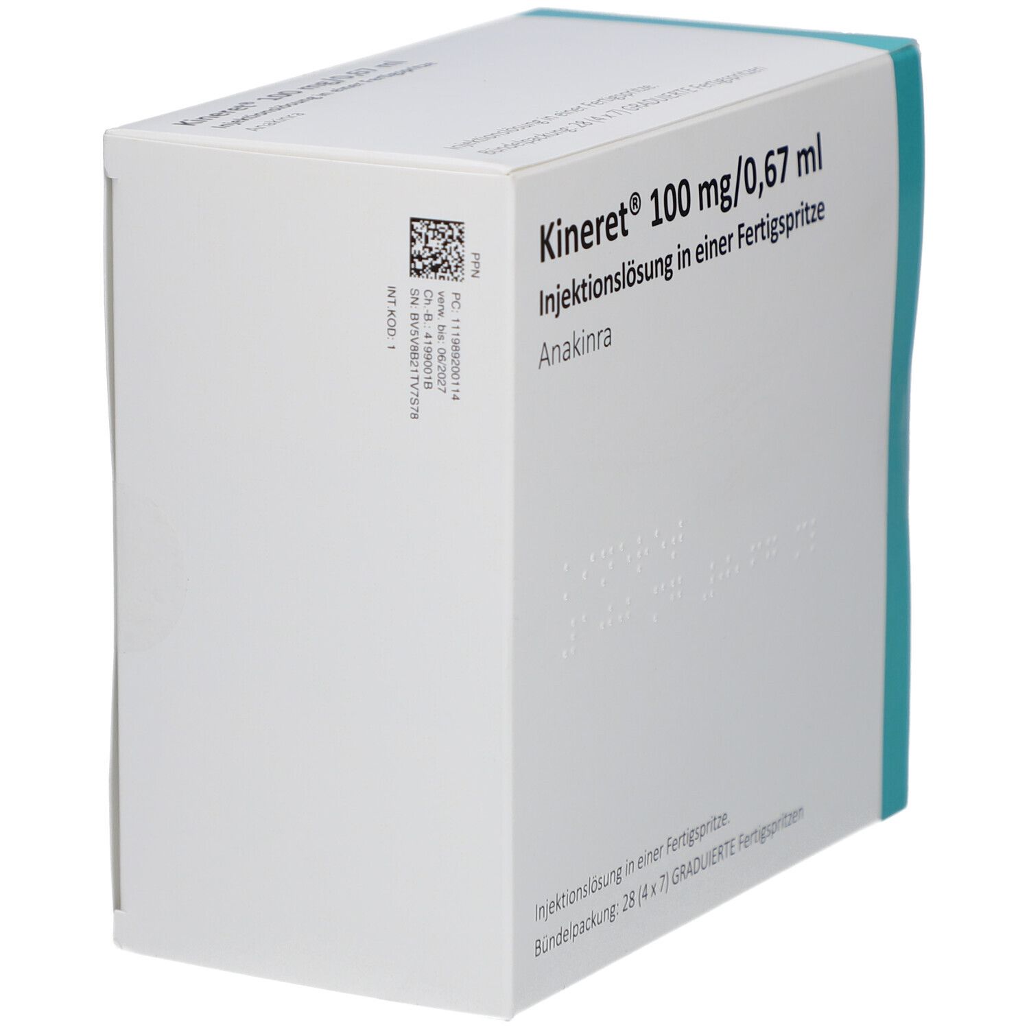 Weißer Karton mit blauer Akzentfarbe. Beschriftung: Kineret 100 mg/0,67 ml Injektionslösung. Fertigspritze. QR-Code und weitere Informationen.