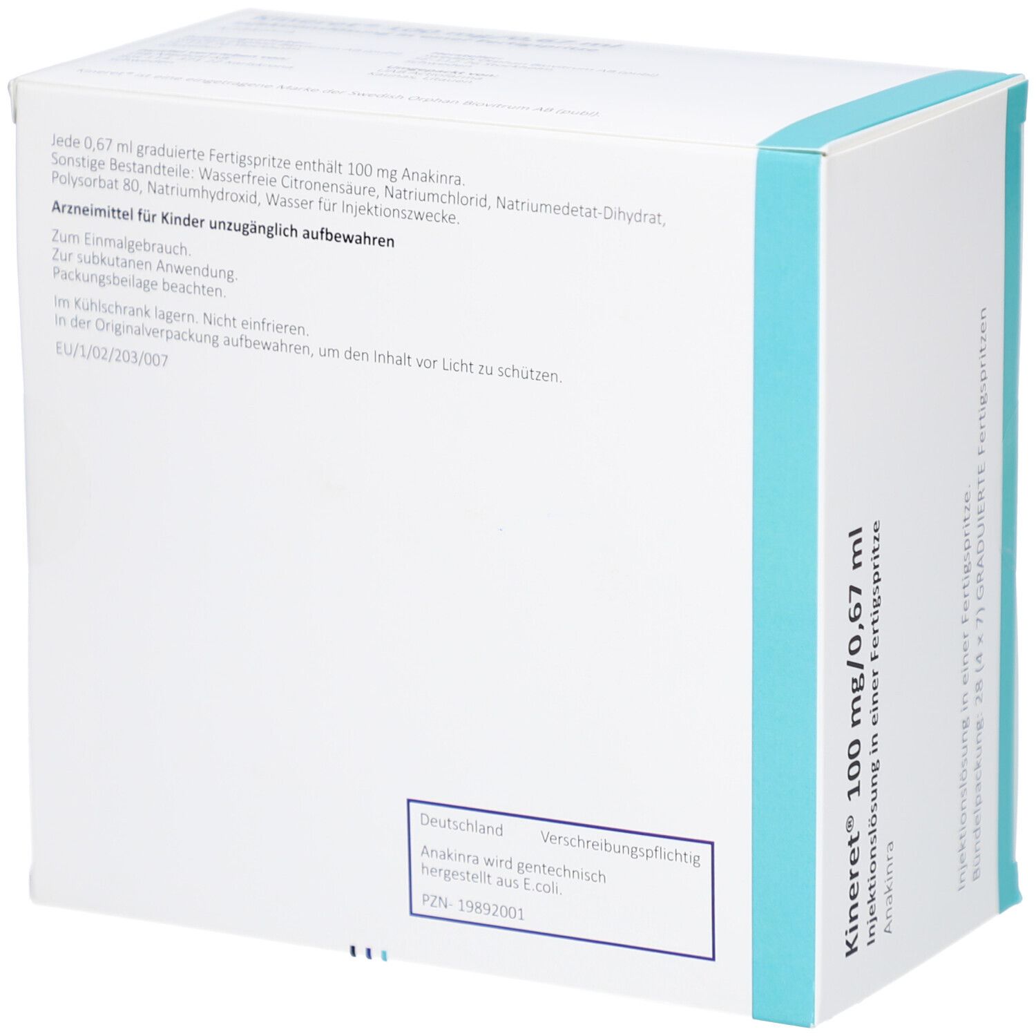 Rückseite der weißen Kartonverpackung. Enthält Informationen zu Inhaltsstoffen, Anwendung und Hersteller. Blaue Akzentfarbe.