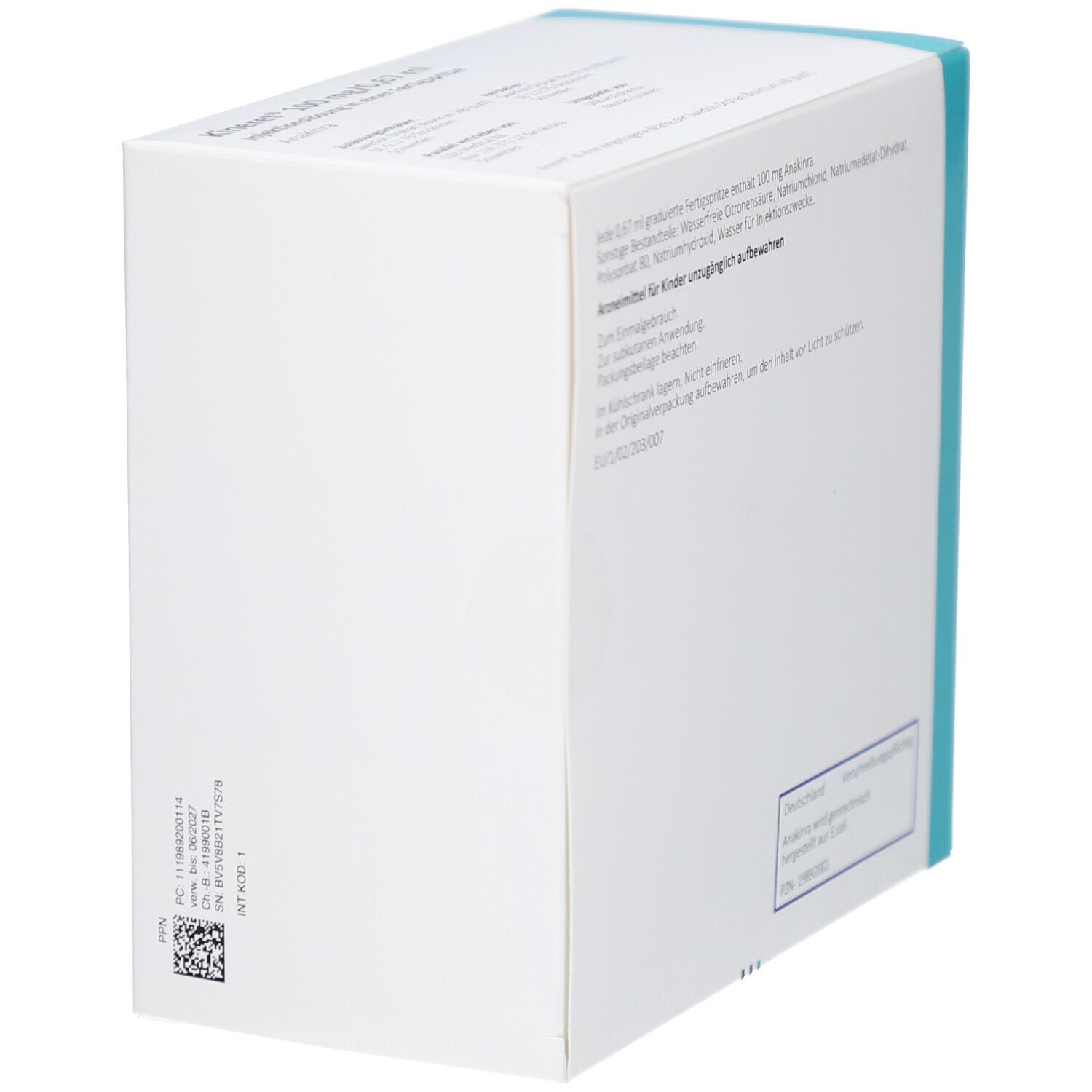 Weiße Kartonverpackung mit blauen Akzenten. Enthält Informationen und einen QR-Code. Seitenansicht.