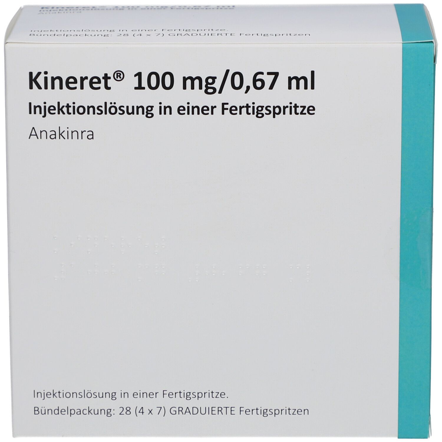 Vorderseite der weißen Kartonverpackung. Beschriftung: Kineret 100 mg/0,67 ml Injektionslösung in einer Fertigspritze. Blaue Akzentfarbe.