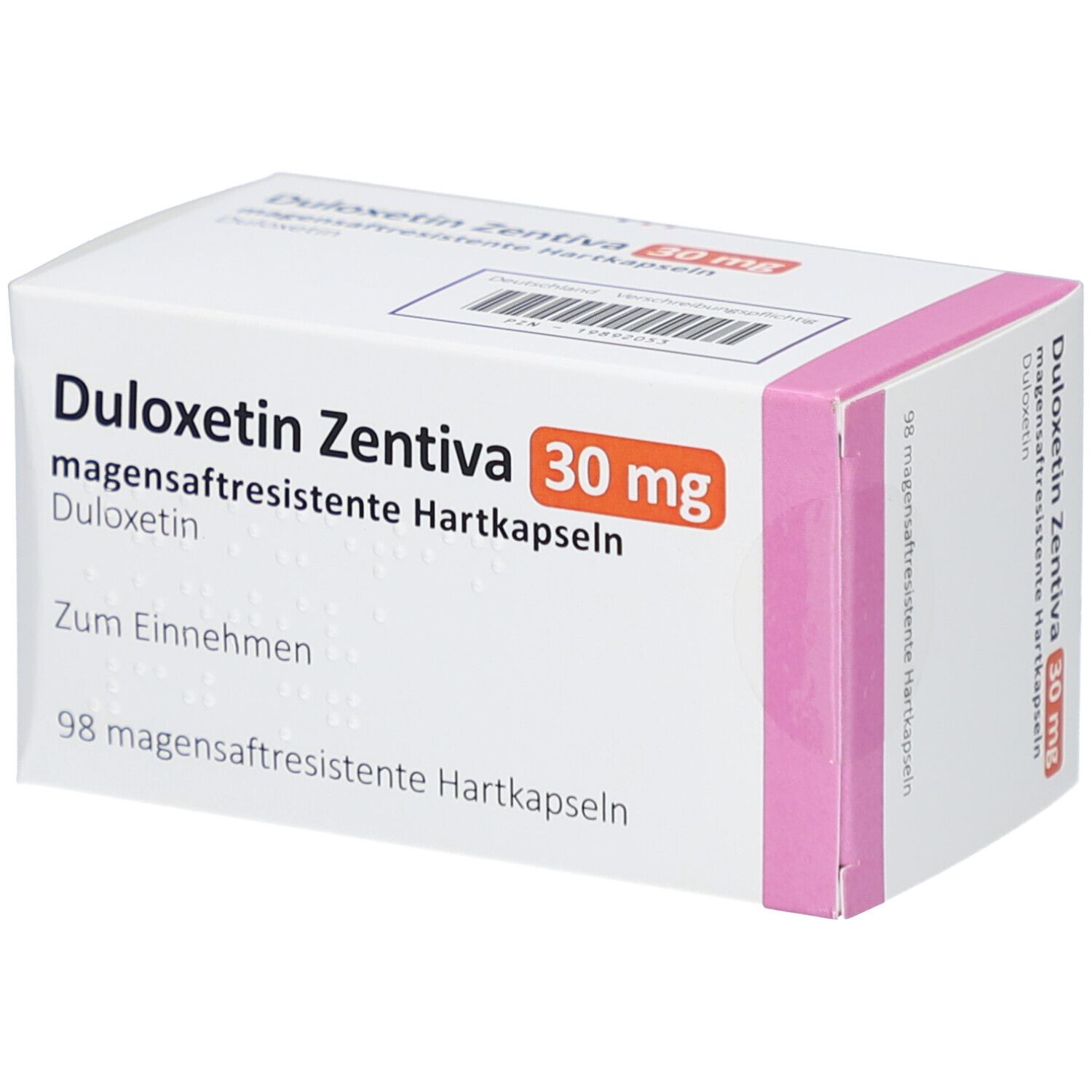 Weißer Karton mit rosa Akzent. Aufschrift: Duloxetin Zentiva 30 mg magensaftres. Hartkapseln. 98 magensaftresistente Hartkapseln.