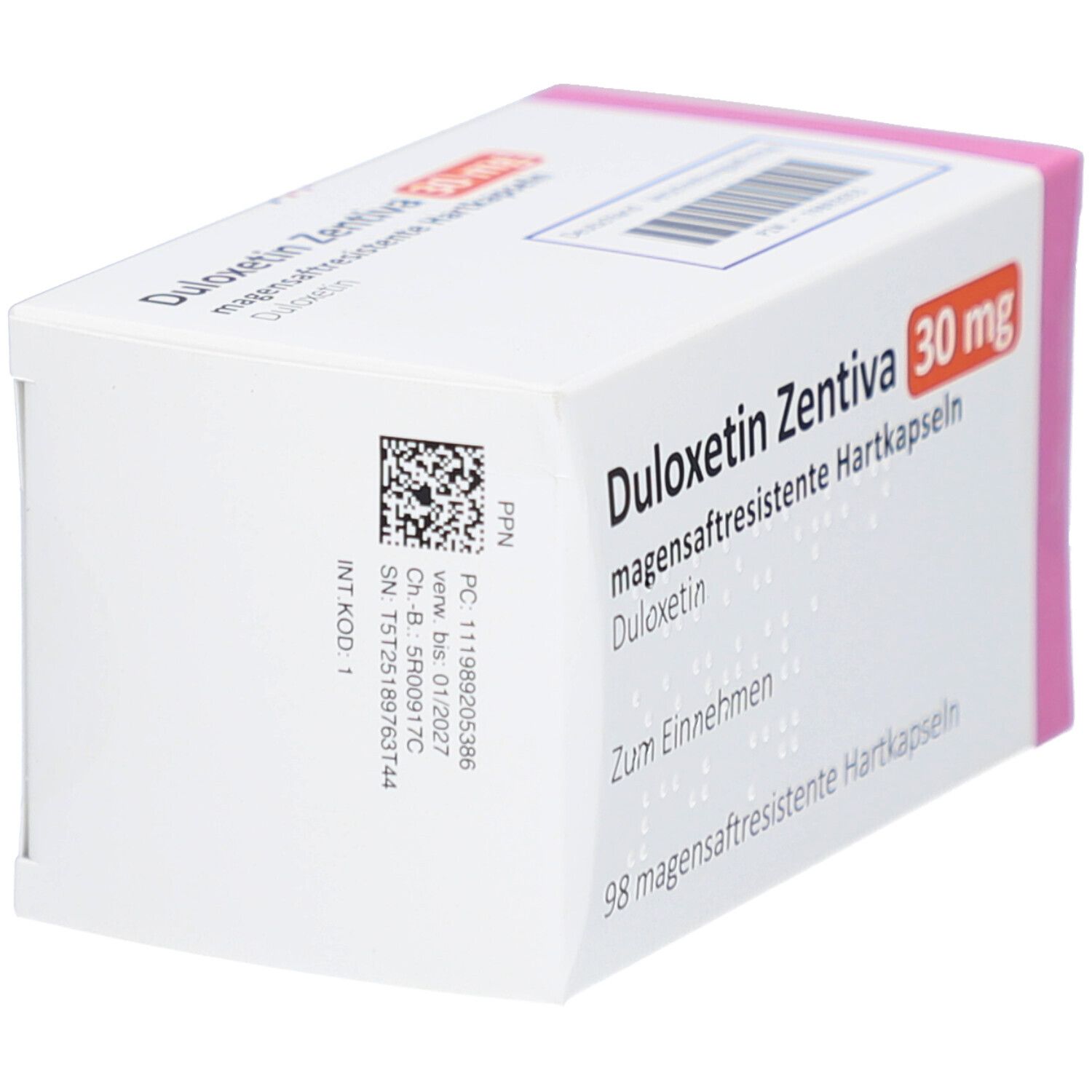 Karton DULOXETIN Zentiva 30 mg. Weiße Oberfläche, rosa Akzent. Barcode und Text auf der Seite.