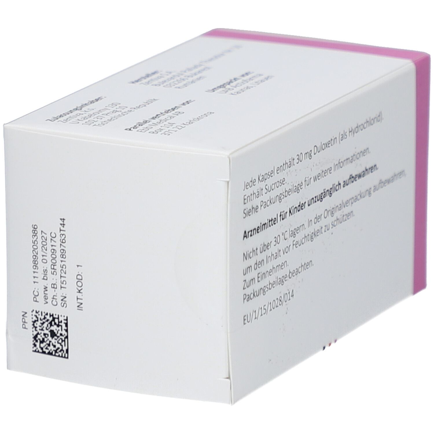 DULOXETIN Zentiva 30 mg Packung. Rückseite mit Text und Barcode. Rosa Akzent.
