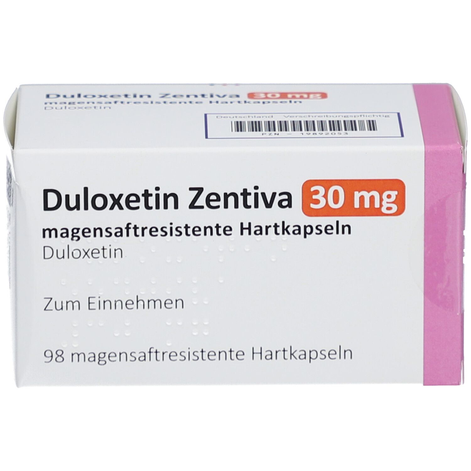 Weißer Karton mit rosa Akzent. Aufschrift: Duloxetin Zentiva 30 mg magensaftres. Hartkapseln. 98 magensaftresistente Hartkapseln.