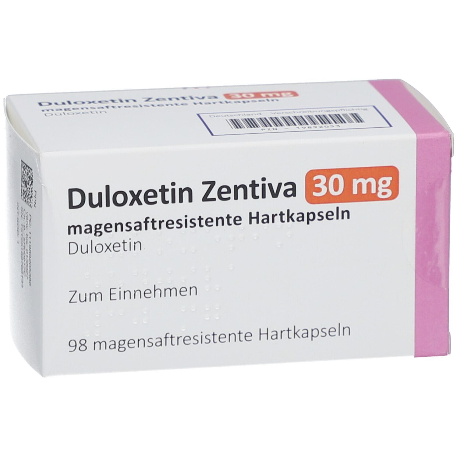 Weißer Karton mit rosa Akzent. Aufschrift: Duloxetin Zentiva 30 mg magensaftres. Hartkapseln. 98 magensaftresistente Hartkapseln.