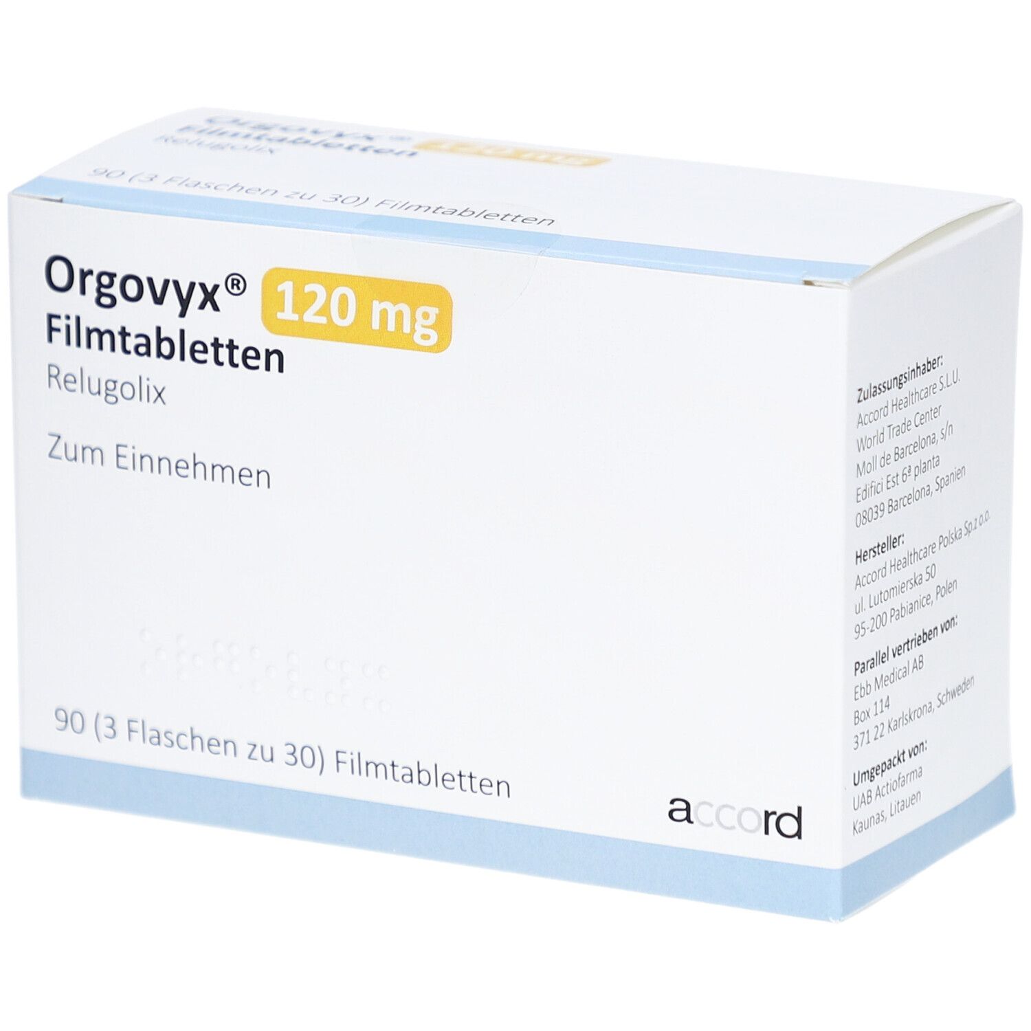Weiße Kartonverpackung mit gelbem Akzent. Aufschrift: Orgovyx 120 mg Filmtabletten, Relugolix. 90 Filmtabletten.