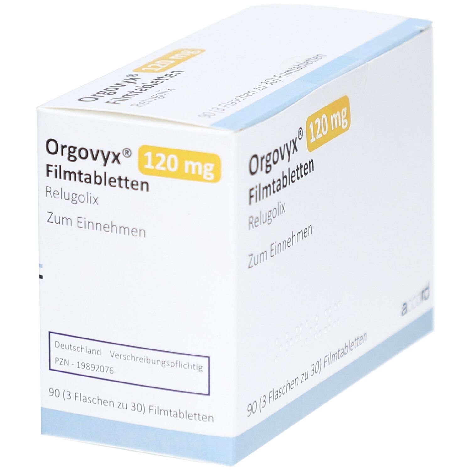 Weiße Kartonverpackung mit gelbem Akzent. Aufschrift: Orgovyx 120 mg Filmtabletten, Relugolix. 90 Filmtabletten. PZN-19892076.