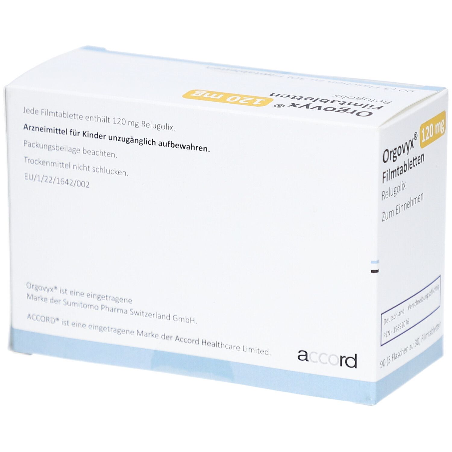 Weiße Kartonverpackung mit gelbem Akzent. Aufschrift: Orgovyx 120 mg Filmtabletten, Relugolix. Accord Logo. Rückseite mit Text.
