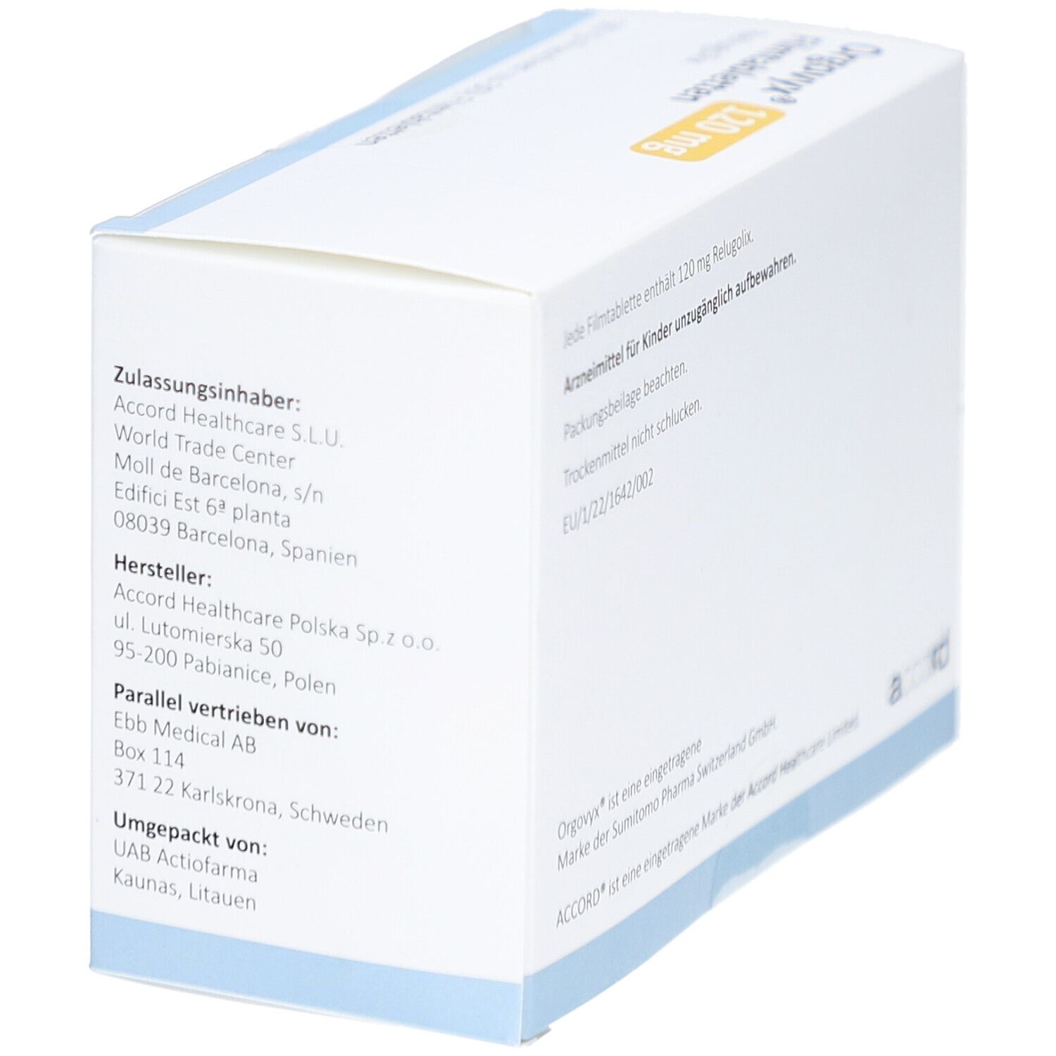 Weiße Kartonverpackung mit gelbem Akzent. Aufschrift: Orgovyx 120 mg Filmtabletten, Relugolix. Accord Logo. Seitenansicht mit Text.