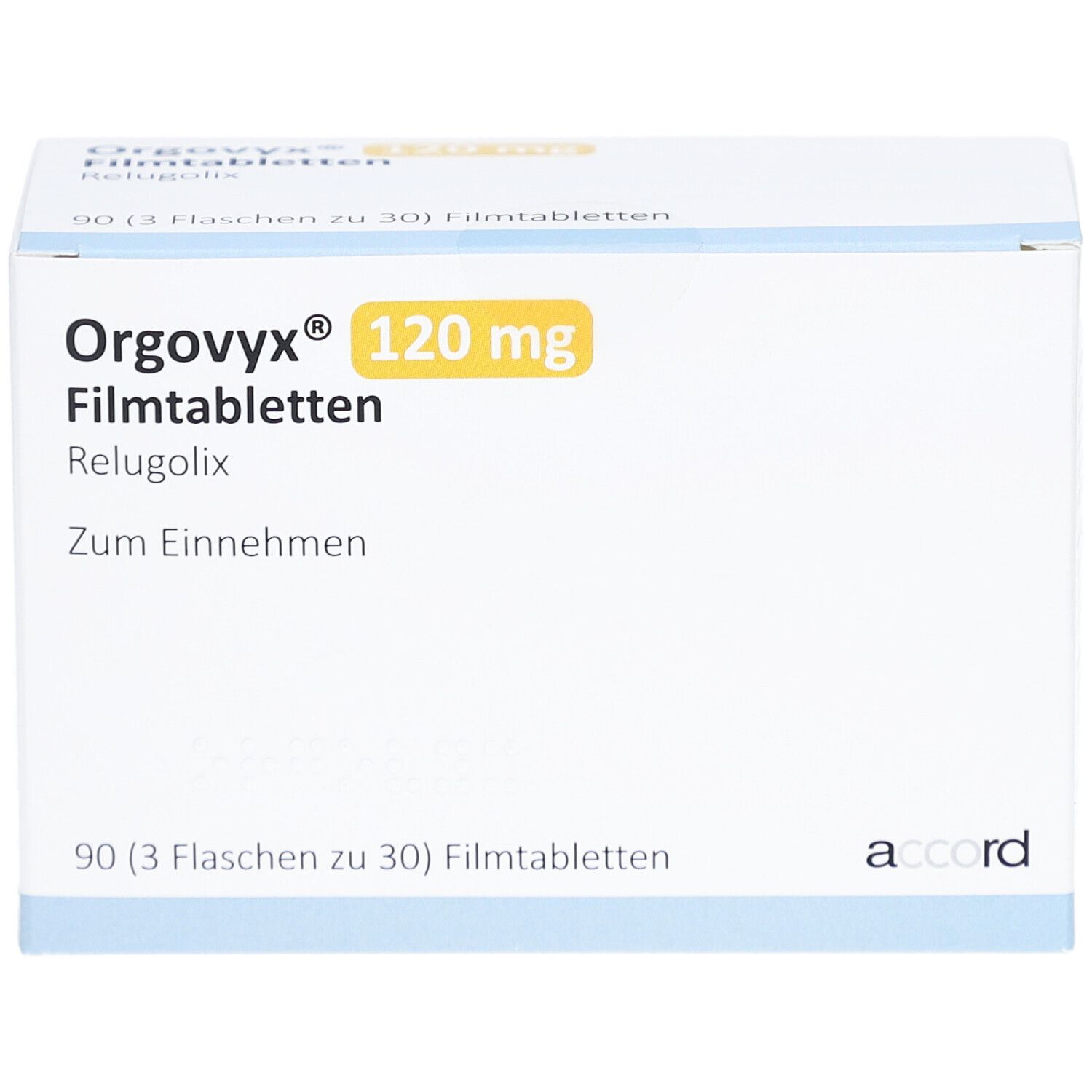 Weiße Kartonverpackung mit gelbem Akzent. Aufschrift: Orgovyx 120 mg Filmtabletten, Relugolix. 90 Filmtabletten. Accord Logo.